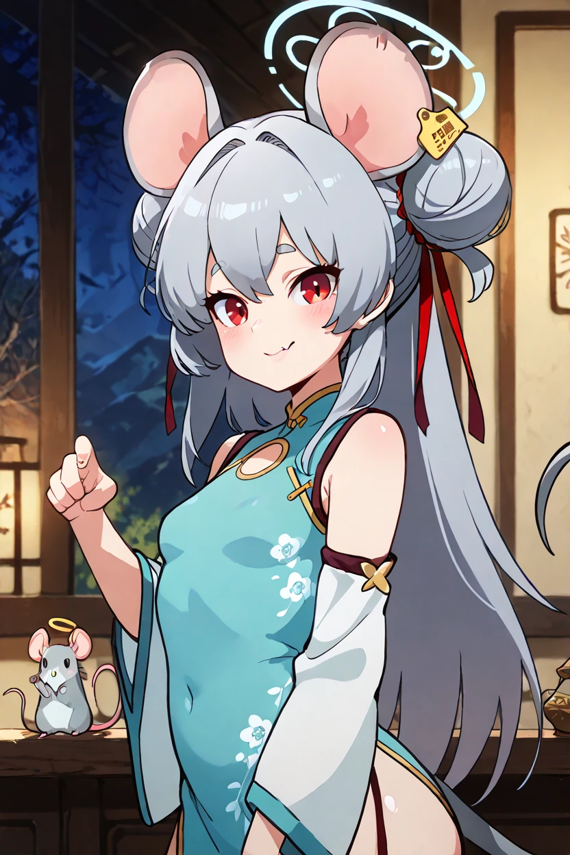 masterpiece, best quality, solo, curvy, beautiful eyes, zzSaya, animal ears, mouse ears, long hair, red eyes, grey hair, halo, mouse tail, mouse girl, tail, fang, china dress, ear tag, solo, blue dress, detached sleeves, mouse, bow  ,<lora:SayaBluearchiveIXL:1.0>, upper body, side view, smile, looking at viewer, shiny skin,<lora:DiivesIXL:1.0>,