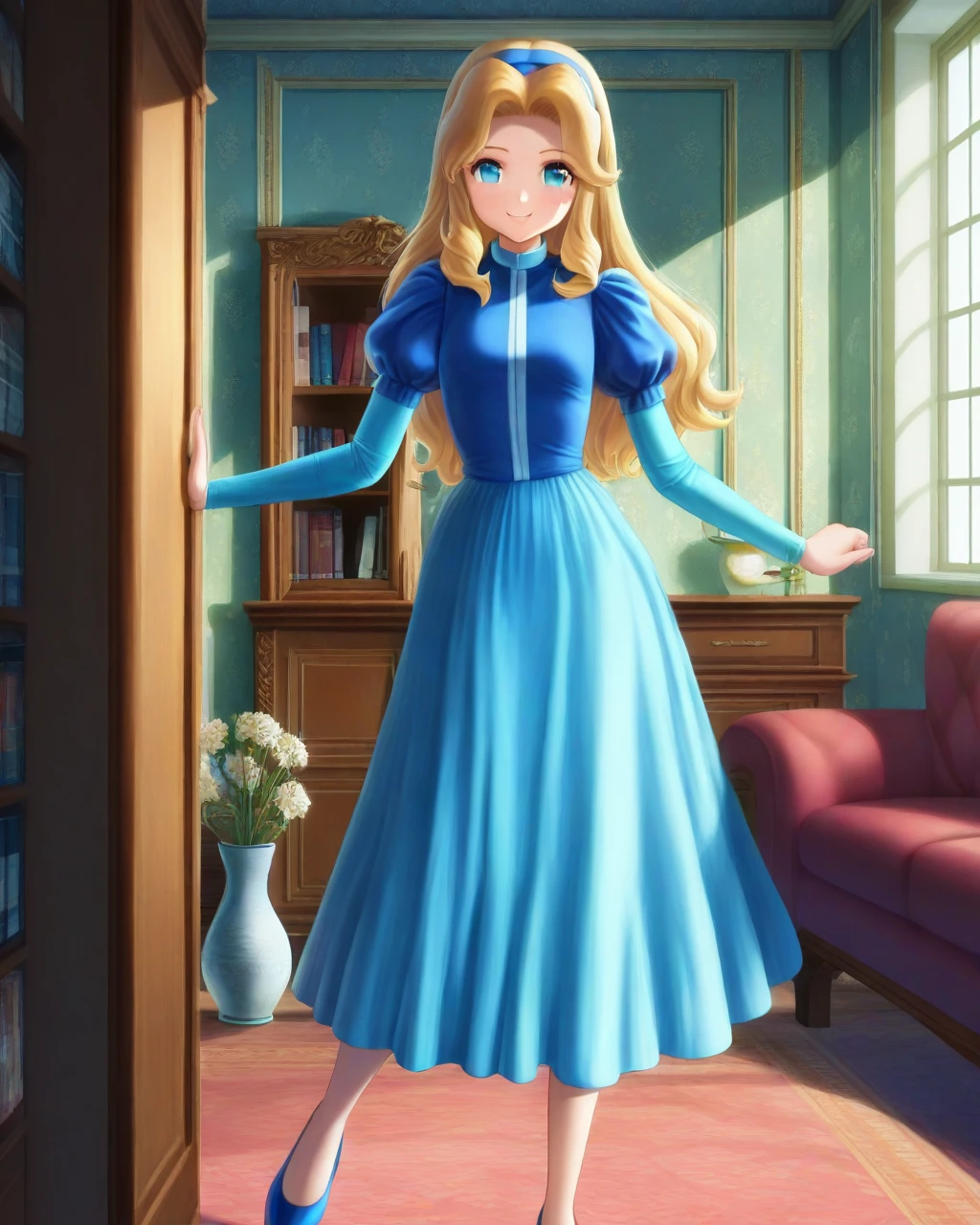 masterpiece, best quality, 1girl, solo, mariarobotnik, blue dress, puffy sleeves, medium skirt, shoes, blue footwear, standing, cowboy shot, smile, looking at viewer, living room, vase, window, bookcase