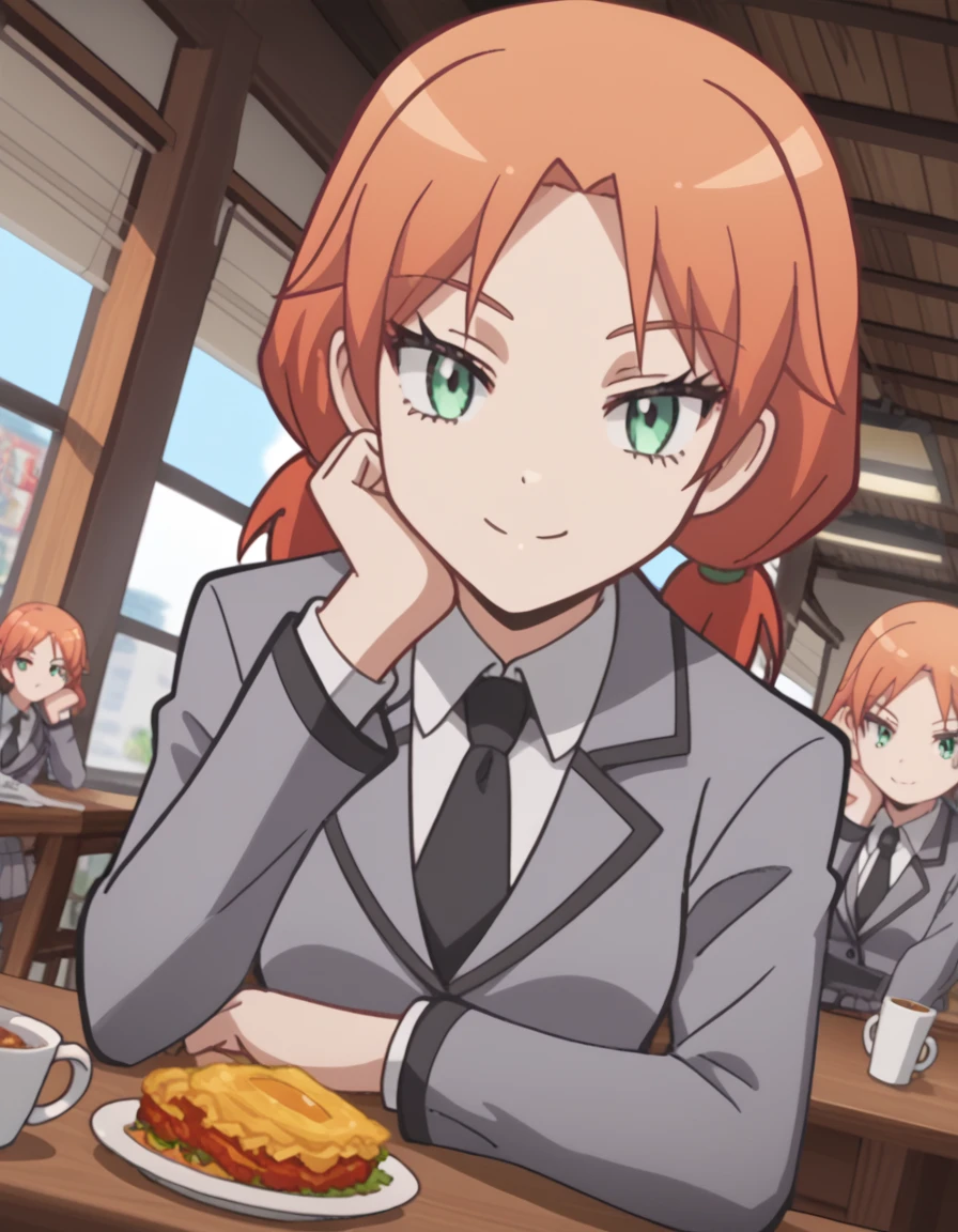 score_9, score_8_up, score_7_up, source_anime, <lora:rinka-hayami-s1s2-ponyxl-lora-nochekaiser:1>, rinka hayami, twintails, green eyes, orange hair, medium breasts, anime screencap,, blazer, grey blazer, skirt, school uniform, pleated skirt, necktie, grey skirt, black necktie, white shirt, collared shirt, long sleeves,, office, desk, computer, chair, paperwork, smile, <lora:pov-across-table-ponyxl-lora-nochekaiser:1> pov across table, pov dating, restaurant, table, meal, care, cup, head rest, smile, elbow on table, food, elbow rest,, looking at viewer, solo,, dutch angle, cowboy shot