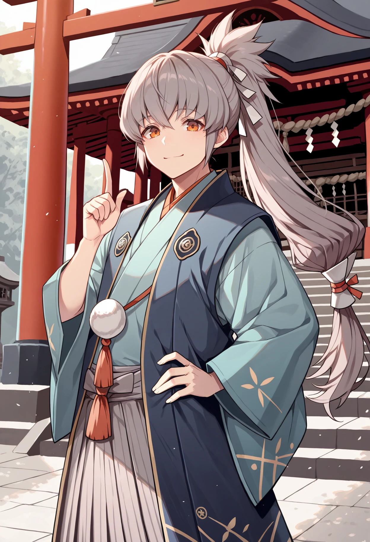 masterpiece, best quality, 1boy, looking at viewer, smile, closed mouth, hand on own hip, index finger raised, <lora:TakumiFE-illu:1> nyTaku, grey hair, ponytail, long hair, shide hair ribbon, orange eyes, blue hakama, wide sleeves, aqua sleeves, grey hakama skirt, shrine, torii