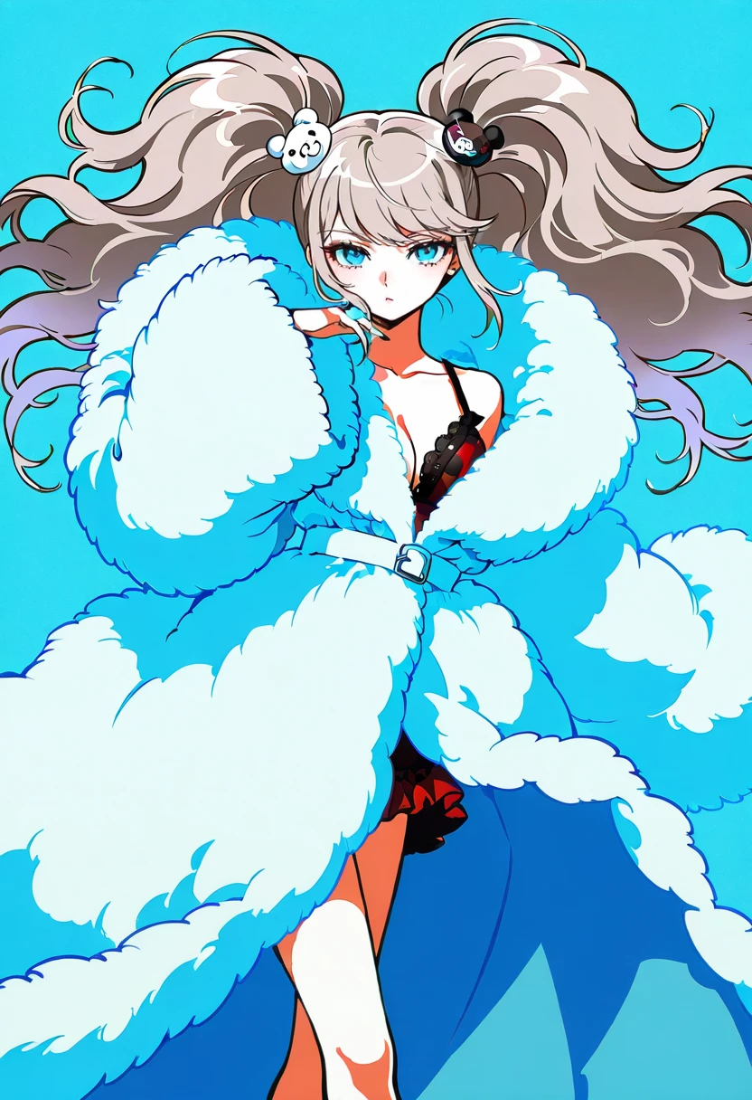 1girl,solo,looking at viewer,ikeda ruriko,long tulle jacket, coat, frills, fluffy, enoshima_junko