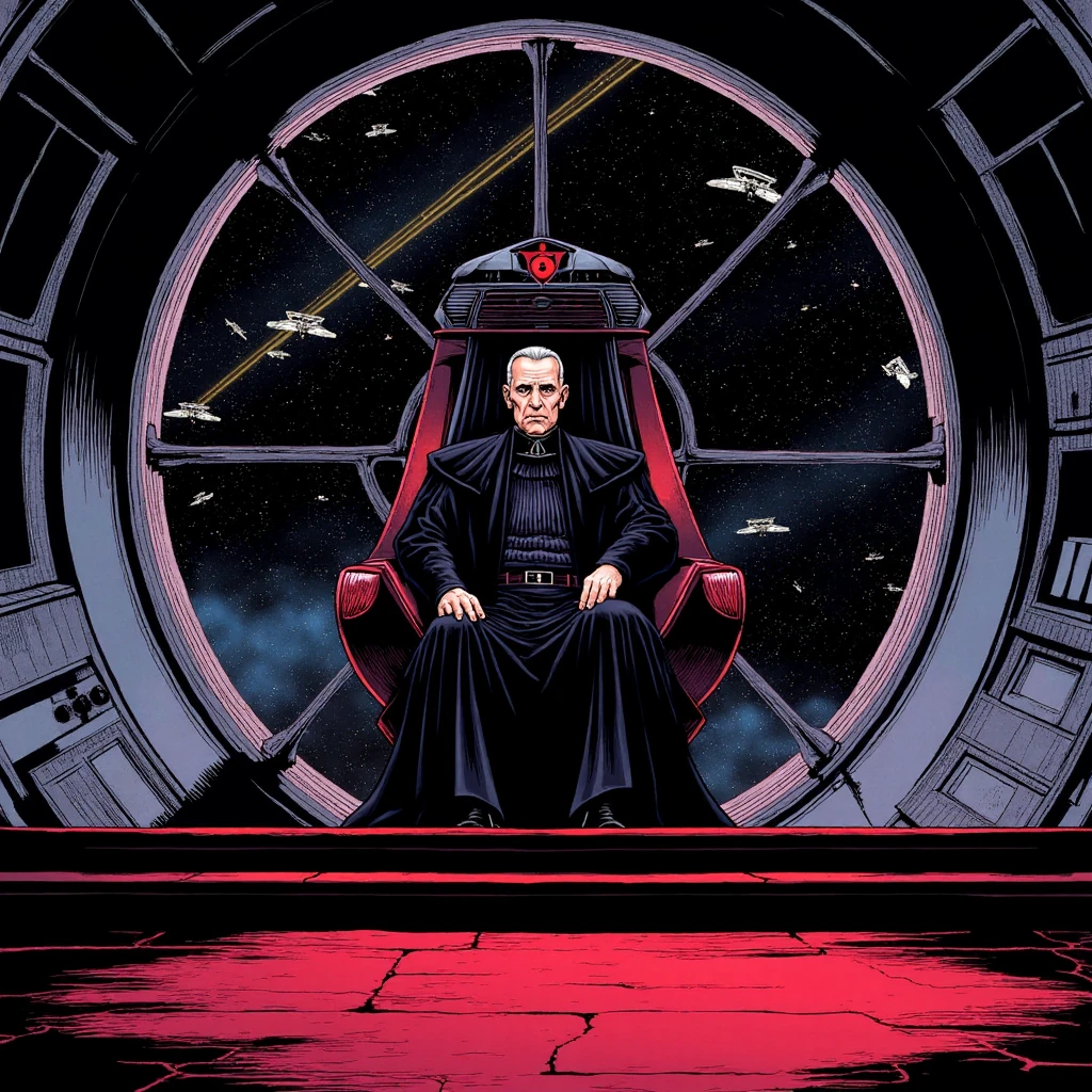 Imagine an image in the style of a graphic novel depicting Emperor Palpatine seated high on his throne, dwarfed by the cavernous scale of the Throne Room. The circular window dominates the frame, showcasing swirling stars and streaking fighters. Bold, angular shadows carve the space into sharp contrasts, emphasizing the vast emptiness around the Emperor, while the throne itself radiates menace, bathed in inky black and muted red tones.