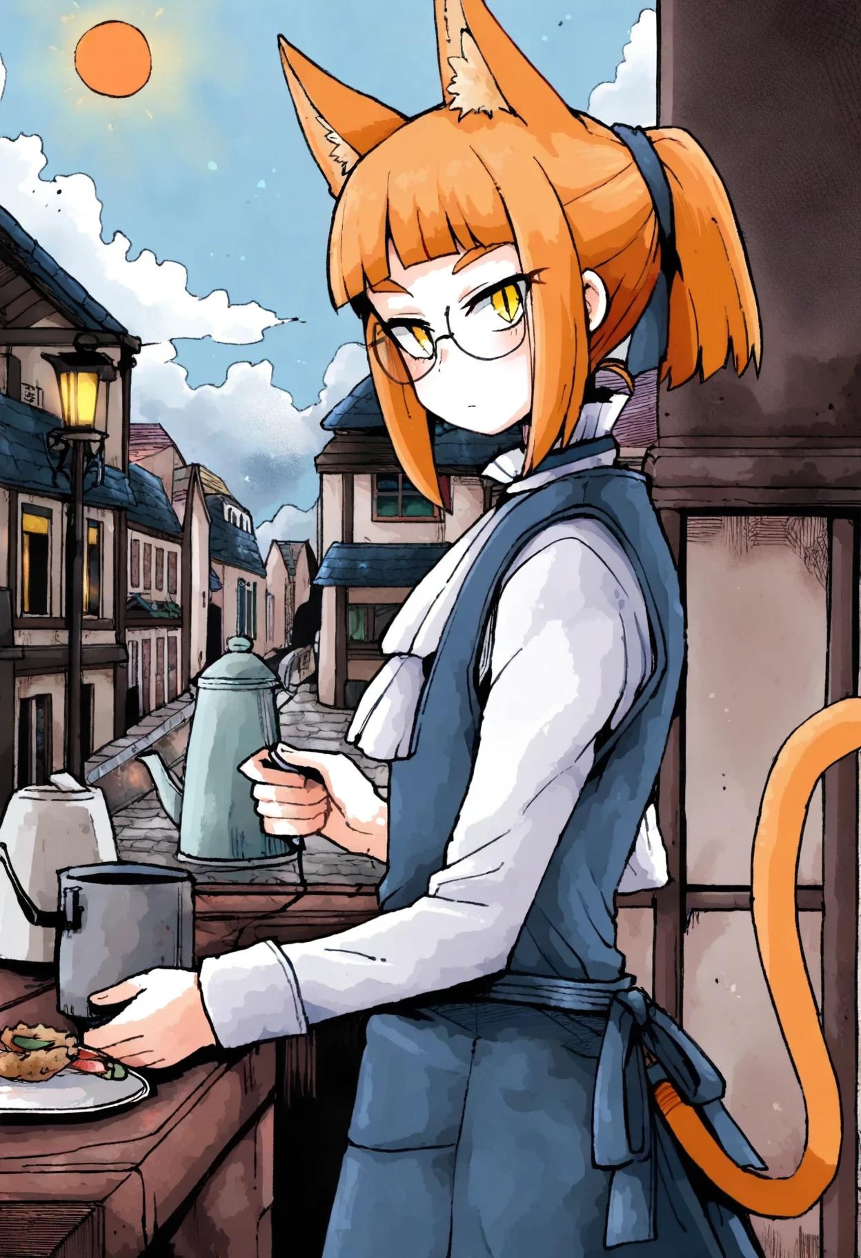 solo, watercolor painting of,
1femboy, skinny, light orange cat ears, light orange cat tail, short ponytail, air_ bangs, (light orange hair), yellow eyes, slit pupils, round glasses,
Victorian era girl, making coffee, French press, cafe background, side view, upper body, looking at viewer, street, sun, clouds, cowboy shot,
 <lora:octosoupIL-style:1>, octosoup,