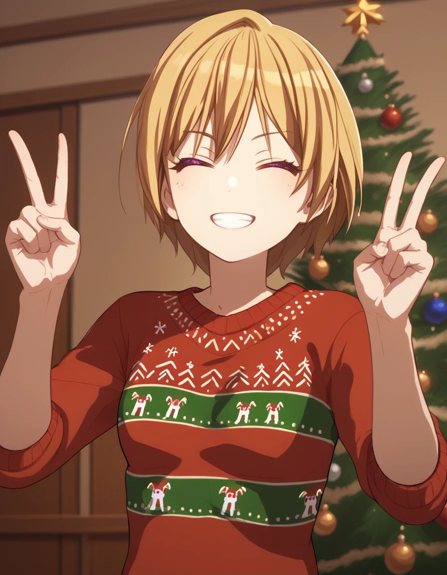 score_9, score_8_up, score_7_up, source_anime, <lora:juri-saijo-s2-ponyxl-lora-nochekaiser:1>, juri saijo, short hair, blonde hair, purple eyes, medium breasts,, <lora:christmas-sweater-ponyxl-lora-nochekaiser:1>, christmas sweater, christmas, ugly sweater, print sweater, red sweater, christmas tree, christmas ornaments, sweater, multicolored sweater, , v, smile, hands up, teeth, closed eyes, cowboy shot,, , dutch angle, cowboy shot