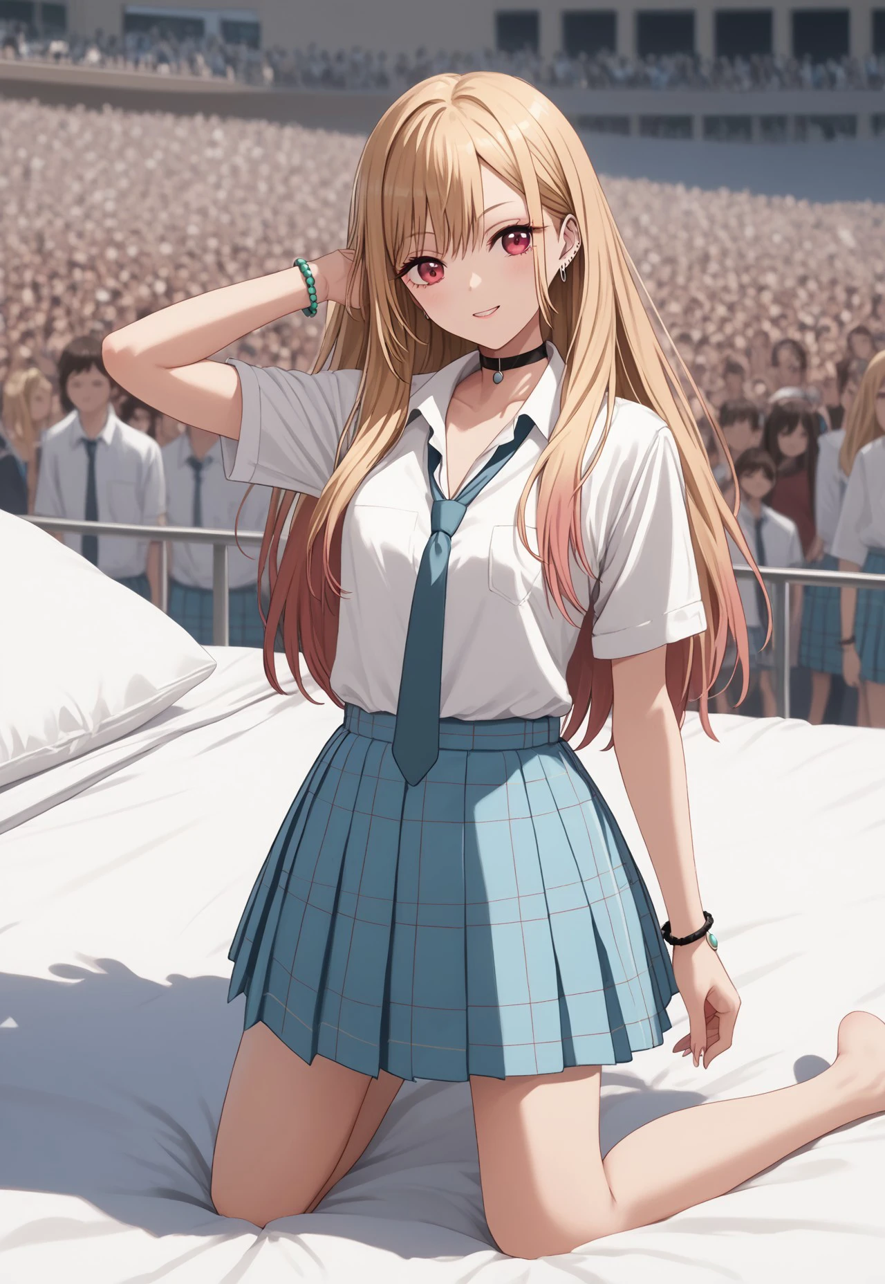 (((score_9, score_8_up, score_7_up, best close view)))
, 
((( highly detailed, masterpiece, perfect, detailed, hd, )))
,
((( marin kitagawa, long hair, bangs, blonde hair, red eyes, multicolored hair,skirt, shirt, jewelry, uniform, white shirt, pleated skirt, earrings, necktie, choker, bracelet, blue skirt, plaid, black choker, plaid skirt,)))
,
((( 1girl, solo, posing, while kneeling on the bed )))
,
((( Bedstamb, bed, crowd, Outdoors)))
,
((( ))) 
,
((( )))
,
((( )))
,
((( )))
,
()