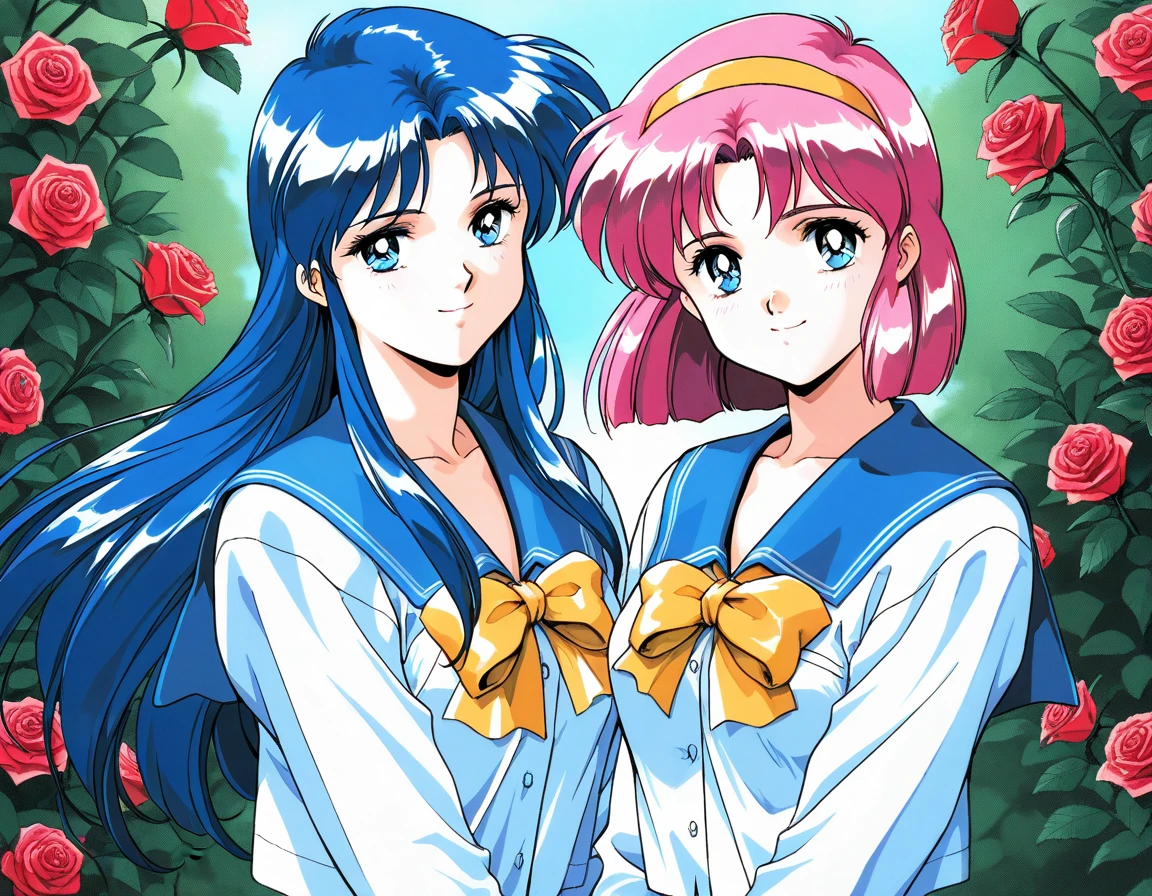 masterpiece, best quality, good quality, <lora:AiShimai_Futari_no_Kajitsu_IS:1> Kitazawa_Rumi, 1girl, blue hair, breasts, long hair, blue eyes,
school uniform, serafuku, 1990s (style) BREAK, Kitazawa_Tomoko, 1girl, pink hair, Yellow hairband, small breasts, short hair,
serafuku, school uniform, Yellow ribbon, 1girl, BREAK,
multiple girls, 2girls, blue eyes, blue hair, long hair, retro artstyle, long sleeves, smile, bow, blue sailor collar, sailor collar, 1990s (style), upper body, looking at viewer,
outdoor, flower, rose,