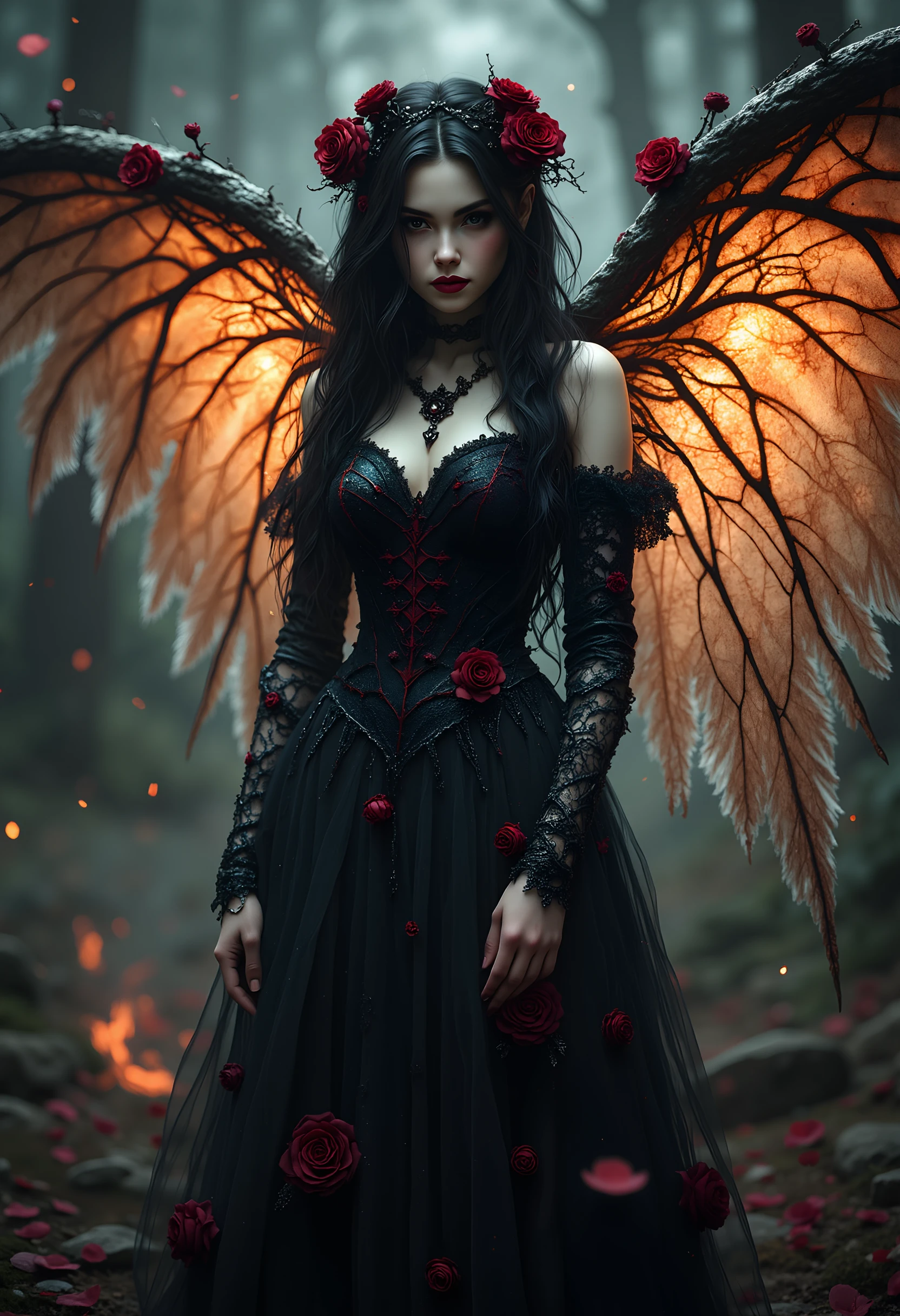 EE_DA, 

A hauntingly beautiful scene captures a dark fae queen standing amidst a mystical, twilight realm. Her pale, ethereal skin glows faintly, contrasting with her piercing, otherworldly gaze. Long, flowing dark hair cascades around her shoulders, adorned with a crown of crimson roses intertwined with twisted black thorns, a symbol of both beauty and danger.

Her intricate gown is a masterpiece of gothic elegance, crafted from layers of dark, lace-like fabric that shimmer faintly in the dim light. The bodice hugs her form, embossed with vine-like patterns that seem to grow organically, blending seamlessly into the flowing skirts adorned with blooming roses and scattered petals. Her delicate, claw-like hands are encased in dark, filigree gloves, exuding both grace and menace.

Behind her, enormous, translucent wings unfurl with a fiery glow, their veined patterns resembling molten embers. The wings radiate an ominous light, illuminating the faint mist that swirls around her feet. The dark, foggy atmosphere is filled with an eerie stillness, broken only by the faint hum of unseen magic.

The composition captures her as a being of breathtaking beauty and undeniable power, embodying the perfect balance of elegance, darkness, and fae enchantment. She stands as both queen and predator, her presence commanding and unforgettable in this gothic fantasy realm.