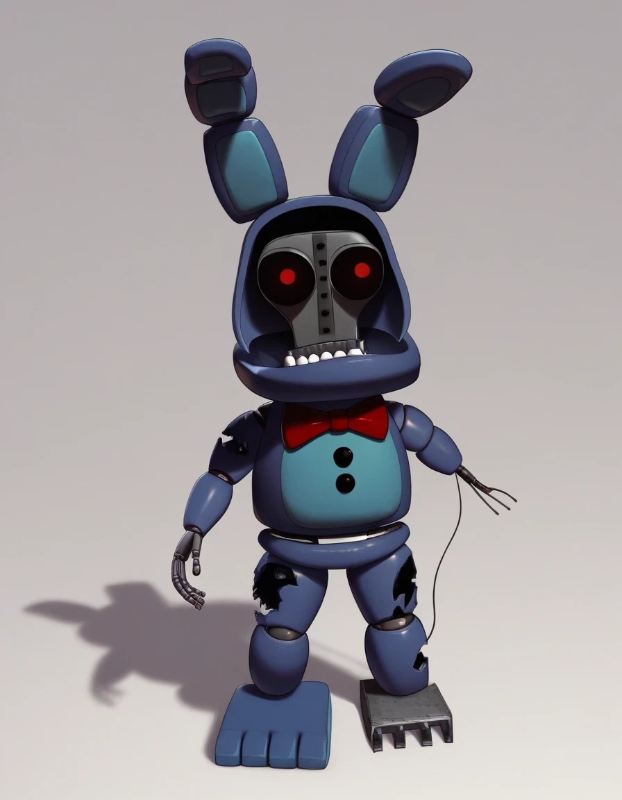 Adventure_Withered_BonnieFNAF, solo, red eyes, 1boy, bow, animal ears, standing, full body, bowtie, rabbit ears, red bow, no humans, robot, animatronic, endoskeleton, black sclera, colored sclera, teeth, mecha, damaged, horror (theme), amputated left arm, wires, Joints, withered body, dry blue fur, missing arm, amputated arm