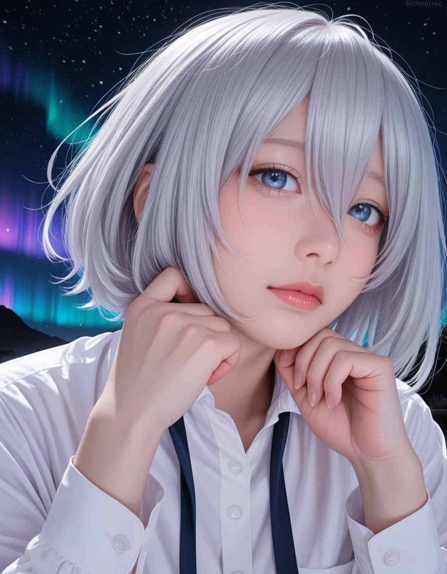 DSLR,realistic,cosplay photo, (very awa,masterpiece,best quality,year 2024,newest,absurdres,highres:1), realistic,skin texture,facial features, photography shot with Canon EOS 5D Mark IV , realistic, RAW, best quality, masterpiece, amazing quality, skin details,amazing quality, 1girl, honjou nia, date a live, 1girl, blue eyes, hair between eyes, short hair, grey hair, , pose: hyper detailed masterpiece, dynamic realistic digital art, awesome quality,grandiose language school,telepathy field,dim arboretum lens distortion,wormholes, artistic expression,alternate reality,lugubrious,abandoned,hopeful,bewitching,bustling,skills,cultural identity,aurora , embarrassed , striped background , close-up ,