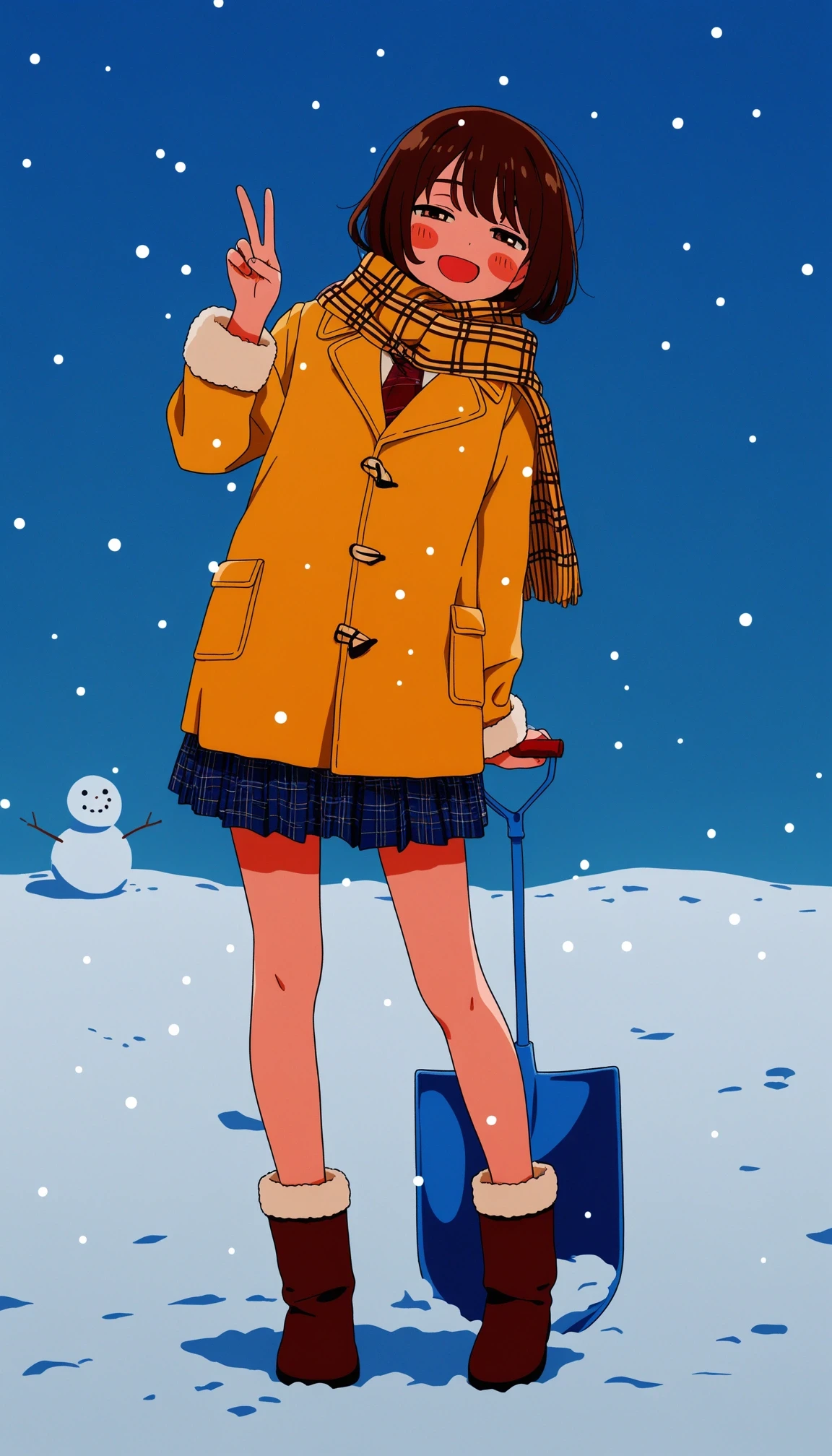 masterpiece, best quality, good quality, very aesthetic, absurdres, newest, 1girl, :d, bare legs, blue skirt, blue sky, blush stickers, brown eyes, brown footwear, brown hair, coat, dark, dot nose, full body, fur-trimmed sleeves, fur trim, half-closed eyes, hand up, leaning to the side, legs apart, long sleeves, looking at viewer, miniskirt, necktie, outdoors, plaid clothes, plaid scarf, plaid skirt, red necktie, scarf, shovel, skirt, sky, smile, snow, snow shovel, snowing, snowman, solo, standing, v, winter, yellow coat, yellow scarf, flat color, limited palette, <lora:96_chadmix_vpred10_1a.safetensors:1.0>,