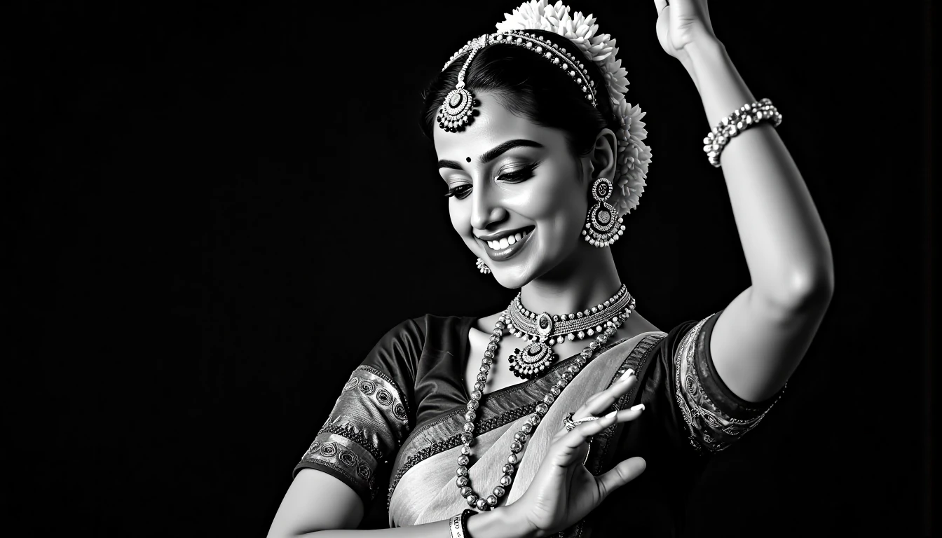 Close-up black and white portrait meencohwx , performing a traditional Indian dance.  Indian classical dancer with rich, dark features.  She wears ornate jewelry, including a beaded choker, multiple necklaces, and earrings;  a headpiece featuring flower garlands and delicate chains.  Her attire includes a dark, possibly maroon or deep indigo, traditional dance costume with intricate lace detailing around the sleeves and a light colored garment beneath, creating a layered look.  She exhibits an expressive smile and a captivating, almost serene, emotional state.  Her gaze is directed slightly downward, her lips curved in a gentle, joyful expression.  She has a nose ring and a bindi.  The intricate design of the jewelry, the detailed headpiece, and the dancer's thoughtful pose create a graceful and elegant composition.  The lighting is directed towards the subject, highlighting her features and intricate details of the jewelry.  The image has a timeless quality, showcasing the beauty and artistry of Indian classical dance.  Classic dance pose.  Studio shot, with deep black background emphasizing the subject.  Details of hand position and body pose are visible, drawing attention to the expressive aspect of the performance.  An intimate perspective with a focus on the detailed costume and jewelry.  Black and white film aesthetic.  Indian classical dance style.  Elegant, traditional, and spiritual mood.