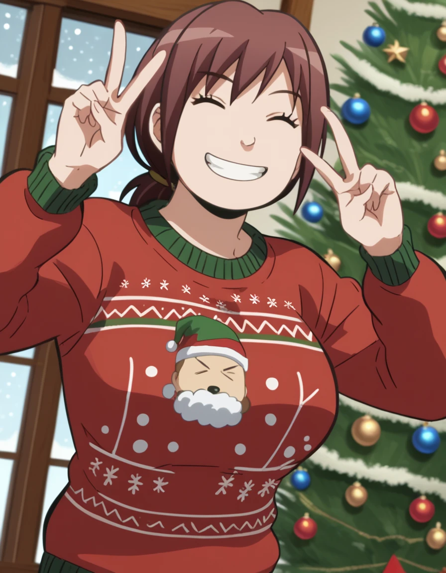 score_9, score_8_up, score_7_up, source_anime, <lora:sumire-hara-s1s2-ponyxl-lora-nochekaiser:1>, sumire hara, brown hair, brown eyes, ponytail, short ponytail, large breasts, anime screencap,, <lora:christmas-sweater-ponyxl-lora-nochekaiser:1>, christmas sweater, christmas, ugly sweater, print sweater, red sweater, christmas tree, christmas ornaments, sweater, multicolored sweater, , v, smile, hands up, teeth, closed eyes, cowboy shot,, , dutch angle, cowboy shot