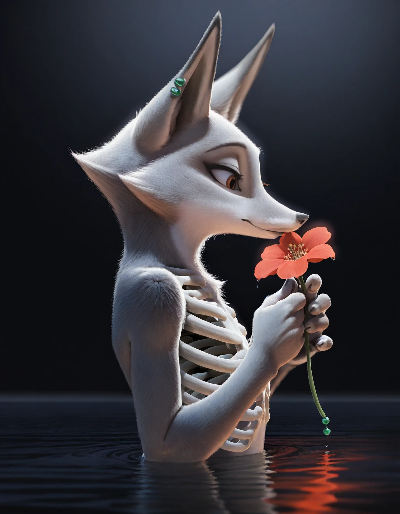 Zhen, solo, girl, fox, brown eyes, jade piercing on the left ear, ears, gray fur, furry, 4 fingers, masterpiece, best quality, good quality, very awa, momowaa, solo, holding, upper body, flower, water, from side, profile, black background, bug, partially submerged, holding flower, dark, ribs, skeleton
<lora:Zhen_illustriousXL:0.8>