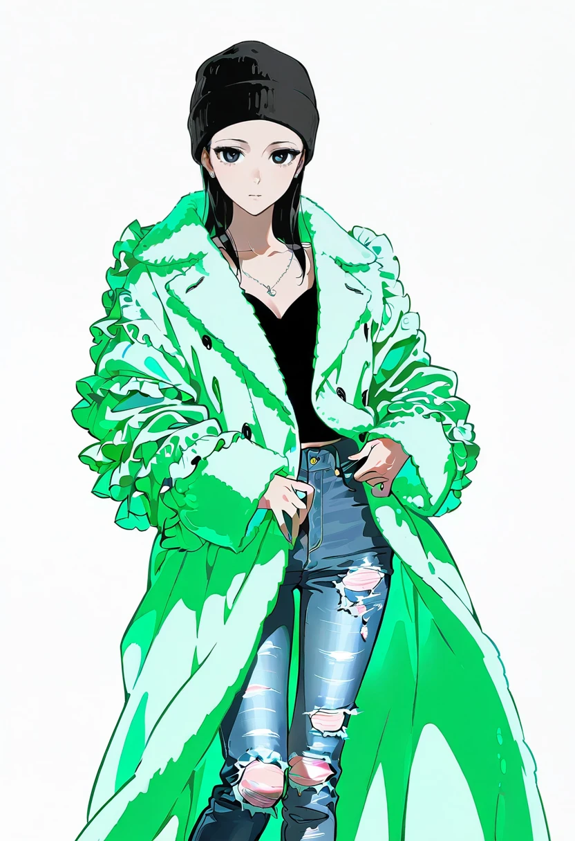 1girl,solo,looking at viewer,ikeda ruriko,long tulle jacket, coat, frills, torn jeans, beanie, kuchiki_rukia