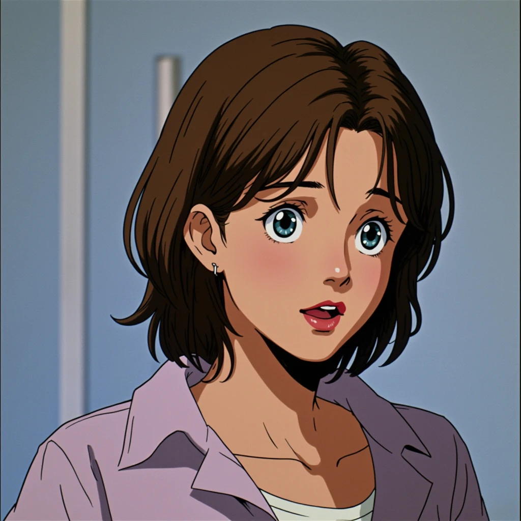 1980 anime screencap picturing cs woman with short brown hair in ch hairstyle wearing red lipstick and silver ce earrings