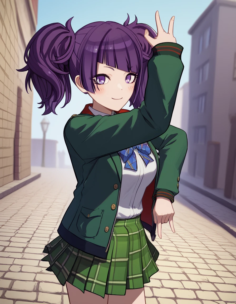 score_9, score_8_up, score_7_up, source_anime, <lora:mamimi-tanaka-s2-ponyxl-lora-nochekaiser:1>, mamimi tanaka, asymmetrical bangs, blunt bangs, diagonal bangs, purple eyes, purple hair, twintails, medium breasts,, school uniform, jacket, green jacket, jacket partially removed, shirt, collared shirt, white shirt, bow, blue bow, skirt, plaid, plaid skirt, pleated skirt, short skirt,, stone walkway, historic, path, cobblestone, footpath, smile, <lora:killer-queens-pose-ponyxl-lora-nochekaiser:1>, killer queens pose, killer queens's pose (jojo), jojo pose, arm up, hand up, \n/, double \n/, arm down, hand down, blush, smile, cowboy shot,, looking at viewer, solo,, dutch angle, cowboy shot