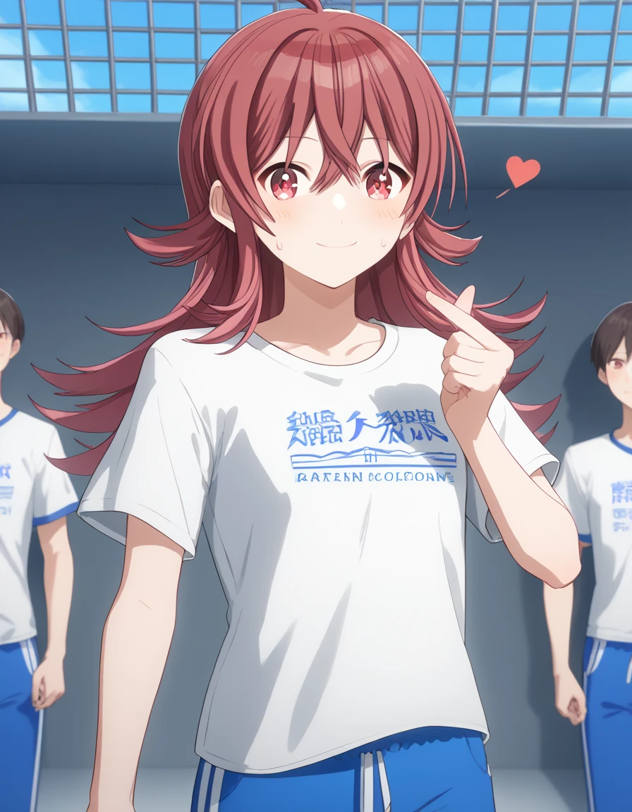 score_9, score_8_up, score_7_up, source_anime, <lora:kaho-komiya-s2-ponyxl-lora-nochekaiser:1>, kaho komiya, long hair, bangs, red eyes, hair between eyes, red hair,, shirt, white shirt, short sleeves, pants, t-shirt, blue pants, track pants, sweatpants,, prison, bars, cells, guards, confined, , <lora:finger-heart-ponyxl-lora-nochekaiser:1>, finger heart, heart, blush, smile,, looking at viewer, solo,, dutch angle, cowboy shot