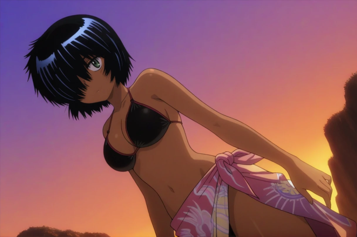 UrabeMikoto, 1girl, bikini, (dark skinned female), sarong, <lora:UrabeMikoto-4-4-e5-prodigy-illustrious:0.8>, (hair over one eye) expressionless, masterpiece, best quality, high resolution, 8k, green eyes, dusk,