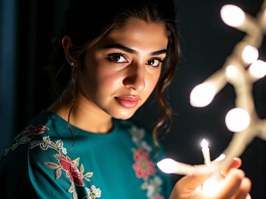 Close-up portrait of kritishukohwx.  She is holding a string of white Christmas lights, her expression contemplative and slightly downward-cast.  The lighting is dramatic, with dark shadows emphasizing the facial features and the woman's profile.  A teal-toned, patterned top (with visible floral designs) forms part of the composition, contrasted with the dark background and the bright, blurred, multicolored lights visible in the background.  The woman's gaze is directed towards the string of lights, creating a focal point in the image.  The lights themselves are the main source of bright white illumination, highlighting a soft glow on her face and hands.  The color palette is a mix of deep blacks and dark blues, contrasted with striking bursts of bright multi-colored bokeh lights, creating a vibrant effect.  The composition is highly focused on the woman's thoughtful expression and the delicate string of lights.  The perspective is close-up and slightly angled, emphasizing detail and emotion. The overall mood is serene and elegant.  Mood of contemplation and gentle wonder.  Natural light, soft focus.