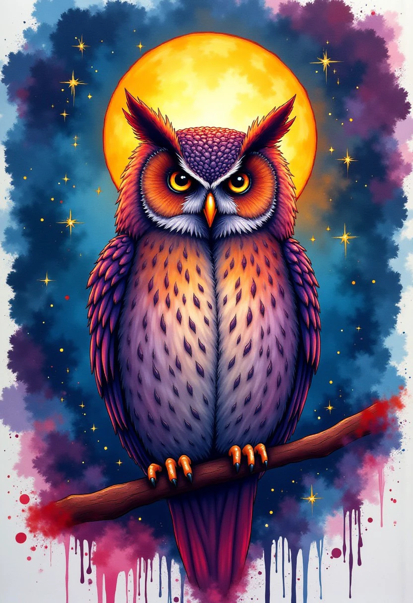 "Coloful Ink splash art style of a owl. Full moon, starry night. Colorful inksplash background.