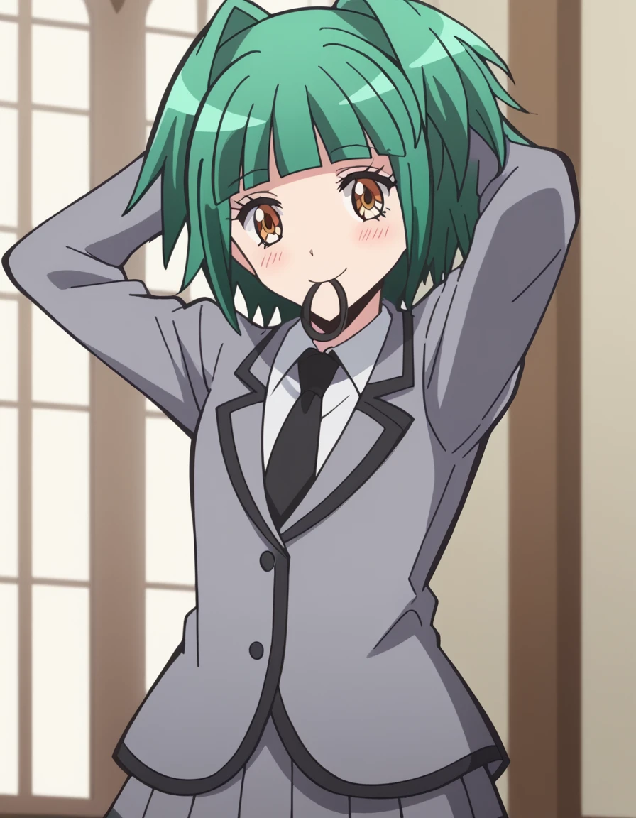 score_9, score_8_up, score_7_up, source_anime, <lora:kaede-kayano-s1s2-ponyxl-lora-nochekaiser:1>, kaede kayano, short hair, bangs, brown eyes, yellow eyes, green hair, hair intakes, anime screencap,, blazer, grey blazer, school uniform, pleated skirt, necktie, grey skirt, black necktie, white shirt, collared shirt, long sleeves,, mosque, dome, prayer, holy, architecture, smile, <lora:hair-tie-in-mouth-ponyxl-lora-nochekaiser:1>, hair tie in mouth, hair tie, mouth hold, rubber band, blush, tying hair, adjusting hair, hands in hair, arms up, arms behind head, ponytail, hand in own hair, hair lift, cowboy shot, looking at viewer, looking at viewer, solo,, dutch angle, cowboy shot
