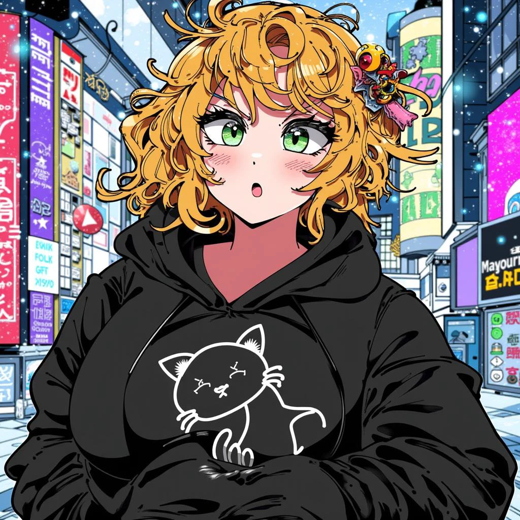 かふん \(芸術家\), @kafun, kafun \(Artist\), 1 woman with short blonde curly hair, black hoodie with a minimalistic cat design on the front, wearing with eyeliner, background is a street view of Newyork times square at night, neon signs in the background, it is snowing