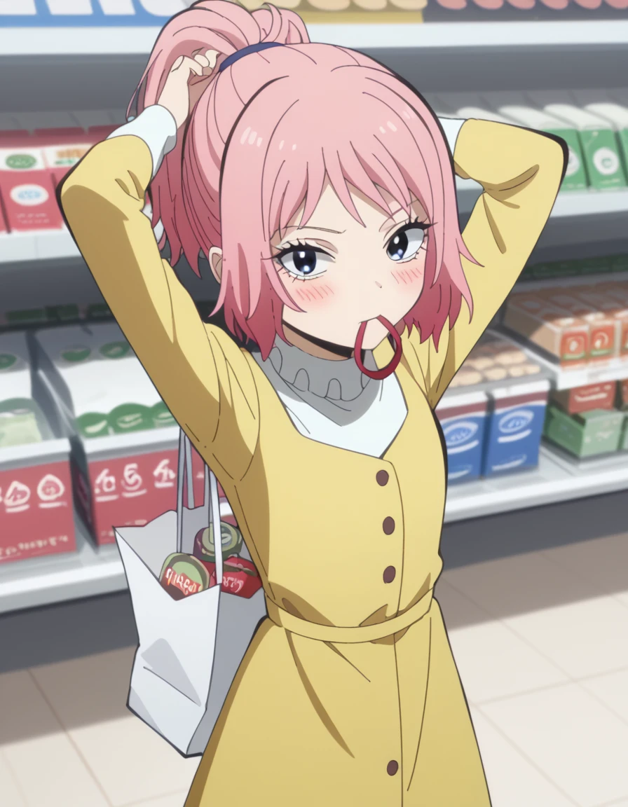 score_9, score_8_up, score_7_up, source_anime, <lora:sakura-kiyashiki-s1s2-ponyxl-lora-nochekaiser:1>, sakura kiyashiki, short hair, pink hair, blue eyes, anime screencap,, dress, yellow dress, long sleeves,, grocery store, cashier, shopping bag, scanning items, small talk, everyday routine, , <lora:hair-tie-in-mouth-ponyxl-lora-nochekaiser:1>, hair tie in mouth, hair tie, mouth hold, rubber band, blush, tying hair, adjusting hair, hands in hair, arms up, arms behind head, ponytail, hand in own hair, hair lift, cowboy shot, looking at viewer, looking at viewer, solo,, dutch angle, cowboy shot