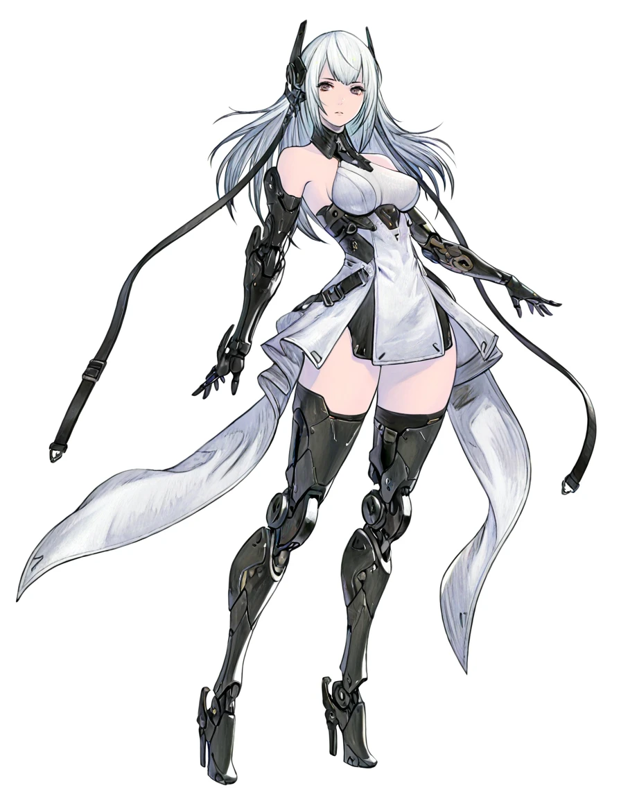 anime girl with long silver hair and armor in her left arm walking, (((silver hair))), mature face, anime character sheet, official character art, cushart krenz key art feminine, ( ( character concept art ) ), purple hairties, purple laces, female anime character, (light purple eyes), ((big breasts)), short white dress, armor in belly, belts, white long socks, fantasy anime character, (((pale skin))), characters from azur lane