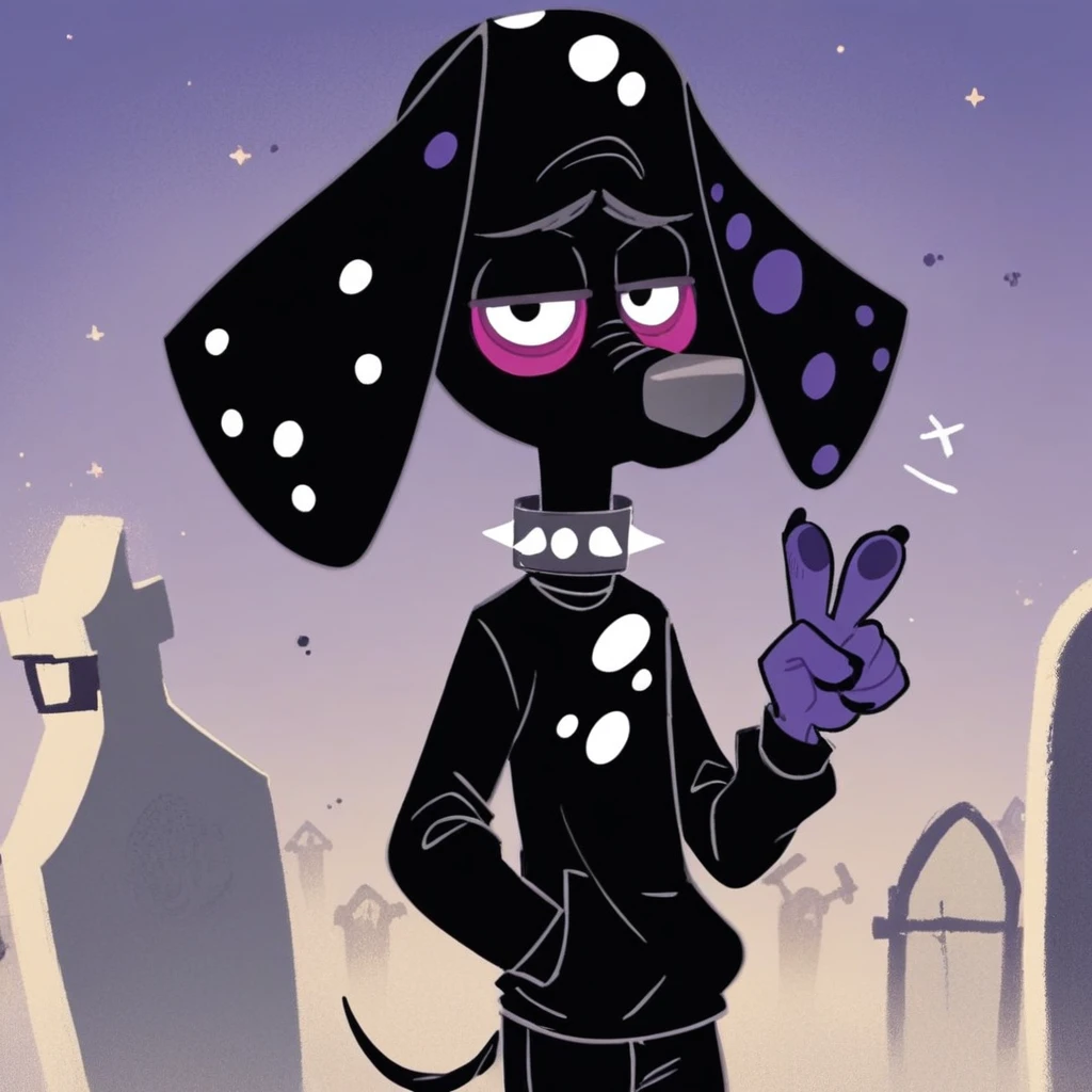 score_9, score_8_up, score_8, score_7, source_cartoon, Dante(101), solo, 1boy, anthro, male furry, dog, dog boy, dalmatian, black and white fur, white spots, purple spots, purple paws, gray nose, black eyes, pink bags under eyes, spiked choker, full body, looking at viewer, standing, goth outfit, eyes half closed, peace sigh, one hand in pocket, graveyard background, night,