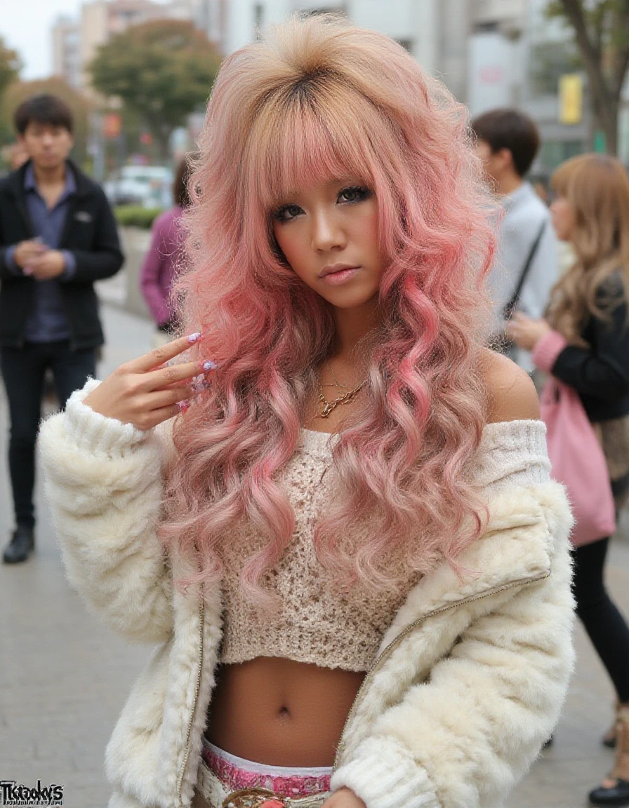 <lora:Female_Archeotypes_-_Japanese_Gyaru:1>photo of gyaru woman with heavy tan and fancy hair-do