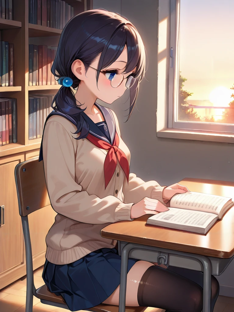 masterpiece,amazing quality,best quality,ultra-detailed,8K,illustration,CG,shiny hair,clear skin,ultra-detailed-eyes,simple background,cute girl, eyelashes <lora:lose sidetails_illustrious_V1.0:1> loose sidetail, side ponytail,serafuku,cardigan,skirt,thighhighs,school,room,library,table,sitting on chair,glasses,reading book,window,sunset