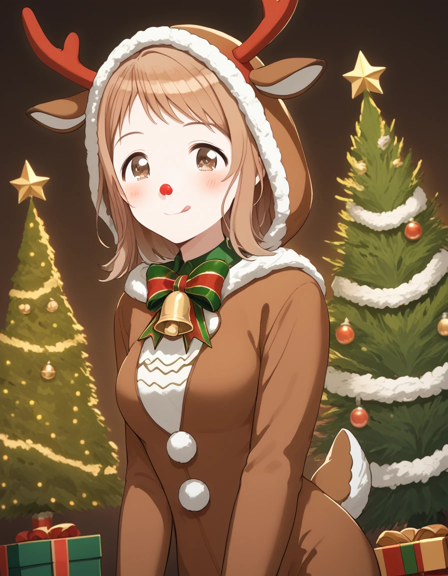 score_9, score_8_up, score_7_up, source_anime, <lora:mano-sakuragi-s2-ponyxl-lora-nochekaiser:1>, mano sakuragi, brown hair, brown eyes, medium breasts,, <lora:reindeer-costume-ponyxl-lora-nochekaiser:1>, reindeer costume, animal costume, reindeer antlers, antlers, fake antlers, reindeer hood, christmas, red nose, deer ears, deer tail, christmas tree, bell, horns, reindeer,, blush, smile, tongue out, looking at viewer,, , dutch angle, cowboy shot