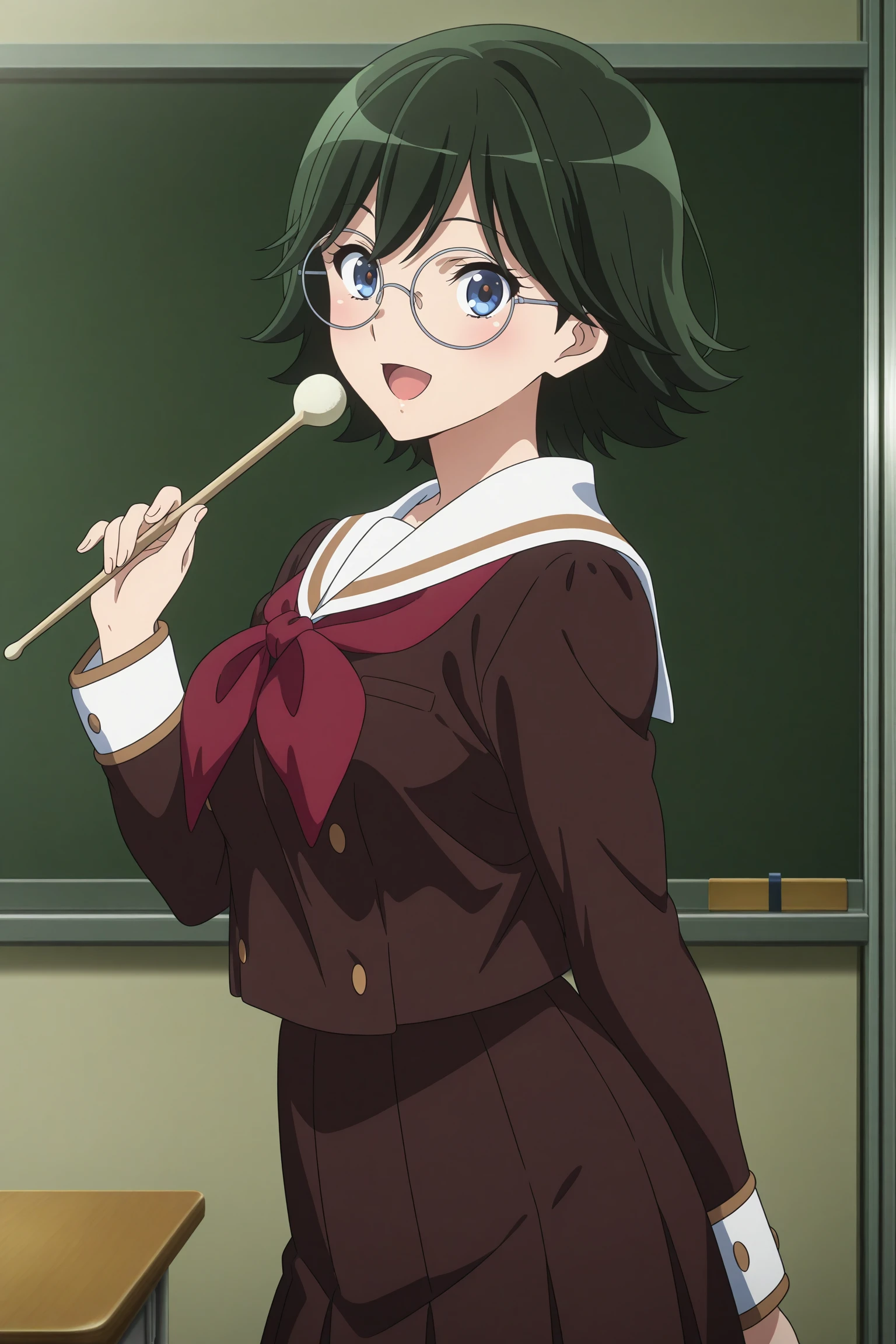 masterpiece, best quality, amazing quality, highres, absurdres, very aesthetic, high resolution, ultra detailed, perfect details, 1girl, solo, indoors, classroom, medium breasts, kamaya tsubame, short hair, green hair, wispy bangs, blue eyes, round eyewear, serafuku, brown serafuku, white sailor collar, red neckerchief, long sleeves, brown skirt, pleated skirt, white kneehighs, loafers, <lora:Tsubame_Kamaya_ILXL:0.8>, (aged up:1.2), (cowboy shot:1.1), looking at viewer, smile, anime coloring, anime screencap, (pose:1.5), open mouth, from side, wink, holding drumstick