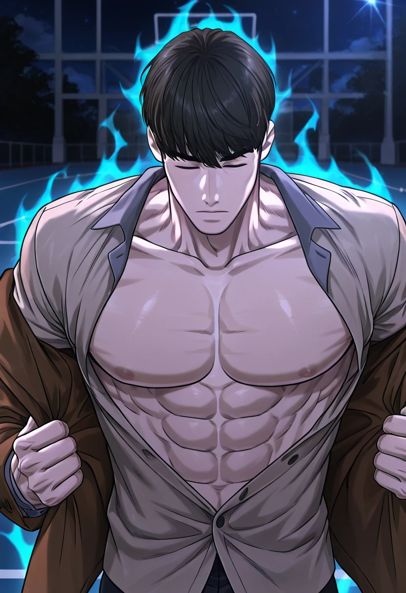 1boy, male focus, solo.
 <lora:Character - Questism - Kang SeokIllust:1> kangseok, short hair, black hair, closed eyes, bara, large pectorals, brown jacket, grey collared shirt, buttons, open jacket, open shirt, undressing, aura
, zPDXL, score_9_up, score_8_up, score_7_up, score_6_up, score_5_up, score_4_up, best quality, normal aesthetic, absurdres, year2023, uncensored, anime screencap, anime coloring,
outdoors, night, basketball court, close up,