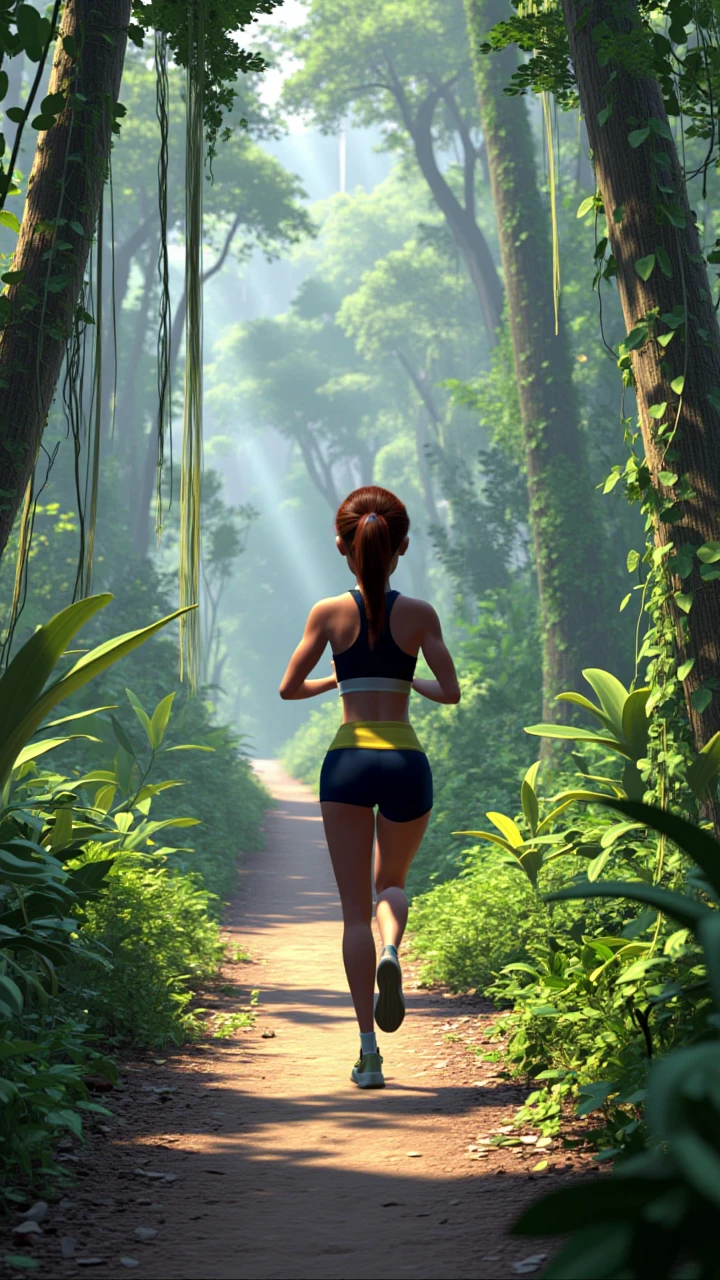 3d render in ti artstyle, a brazillian woman in athletic sports gear running down a path in a jungle