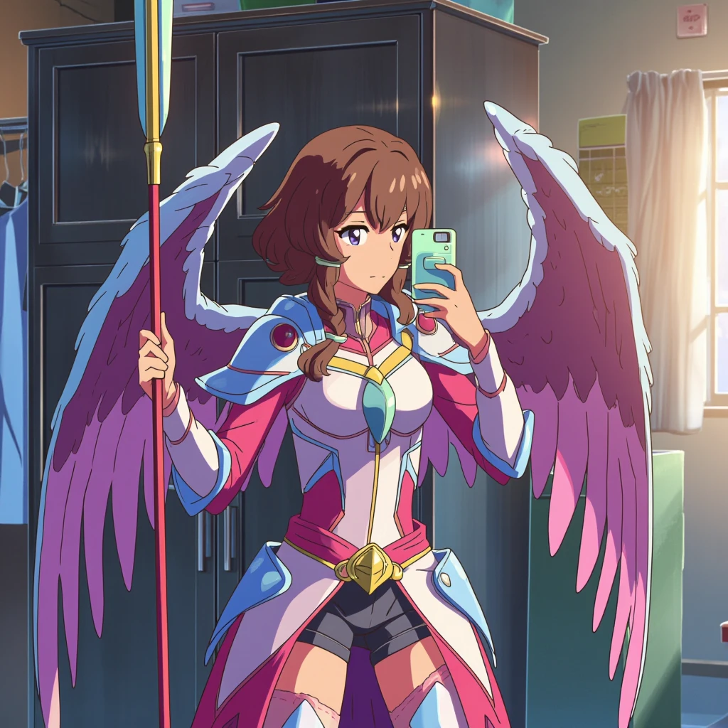 anime screencap in yn artstyle, Young woman, late 20s, wearing detailed magical girl armor costume with large wings, pink and blue colors, holding spear, taking selfie in front of a wardrobe mirror, indoor setting