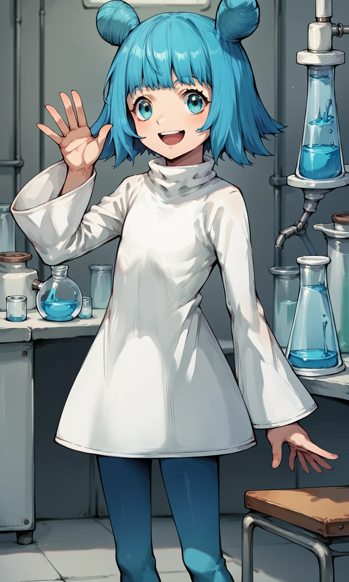 score_9, score_8_up, score_7_up, source_anime, jovixd, 1girl, solo, blue hair, blue eyes, short hair, double bun, white dress, long sleeves, blue leggings, indoors, laboratory, lab bench, fume hood, test tubes, erlenmeyer flask, standing,  cowboy shot, looking at viewer, smile, open mouth, waving,