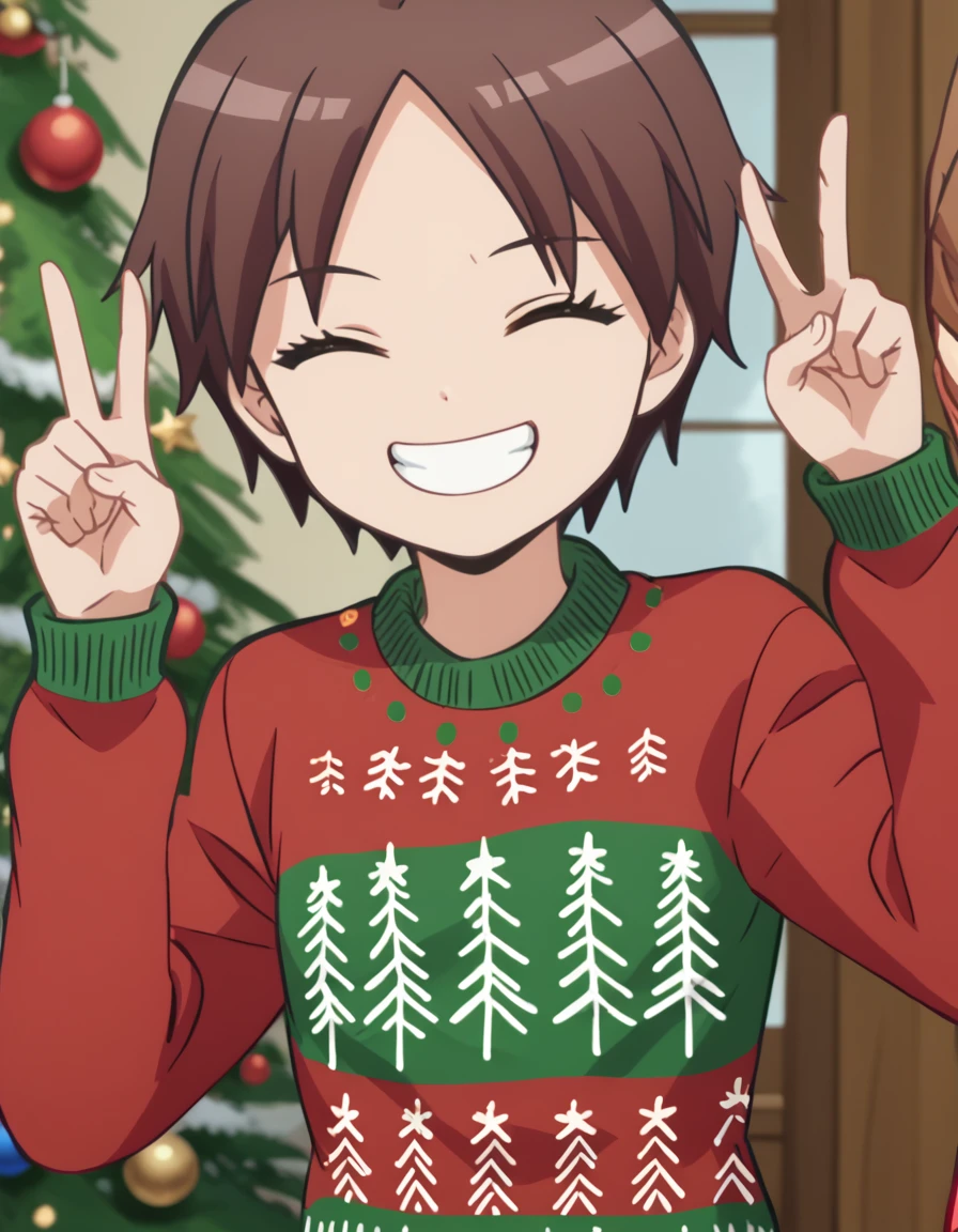 score_9, score_8_up, score_7_up, source_anime, <lora:hinata-okano-s1s2-ponyxl-lora-nochekaiser:1>, hinata okano, short hair, brown hair, pink eyes, anime screencap,, <lora:christmas-sweater-ponyxl-lora-nochekaiser:1>, christmas sweater, christmas, ugly sweater, print sweater, red sweater, christmas tree, christmas ornaments, sweater, multicolored sweater, , v, smile, hands up, teeth, closed eyes, cowboy shot,, , dutch angle, cowboy shot