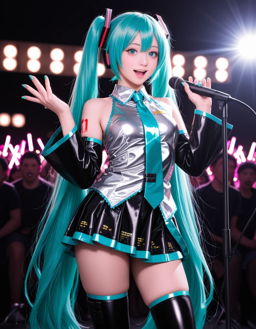 (Japan girl cosplaying Hatsune Miku: 1.4), (sweaty 4k: 1.2), camel pibe, bust top, open legs, pubic hair, areola,, troop potion, smile, (full body), open mouth, (big Hatsune Miku: 1.4), (green headset microphone, green tie: 1.2), big cosplayer, Lori's Japan cosplayer is singing on stage, Lori's Japan cosplayer is dancing on stage, Lori's Japan posing, Japan loli in cosplay, fireworks display, half-off costume, lakeside fireworks display, sensual pose, jump high, ((translucent body, smooth translucent white skin: 1.5)), Sakimi-chan HDRI, background bokeh, background gradient, Cute Loli, Japan Goddess, (Photorealistic: 1.8), (8k, RAW Photo: 1.8), (HDR: 1.2), (Shallow Focus: 1.4), (Sharp Focus: 1.4), (Clear Nipple Silhouette: 1.8), (Clear Areola Silhouette: 1.8), (Ultra Detailed Clear Silhouette of Pusy Hair: 1.8), (Crowd, Crowd: 1.0), ( firework cascade:1.4)