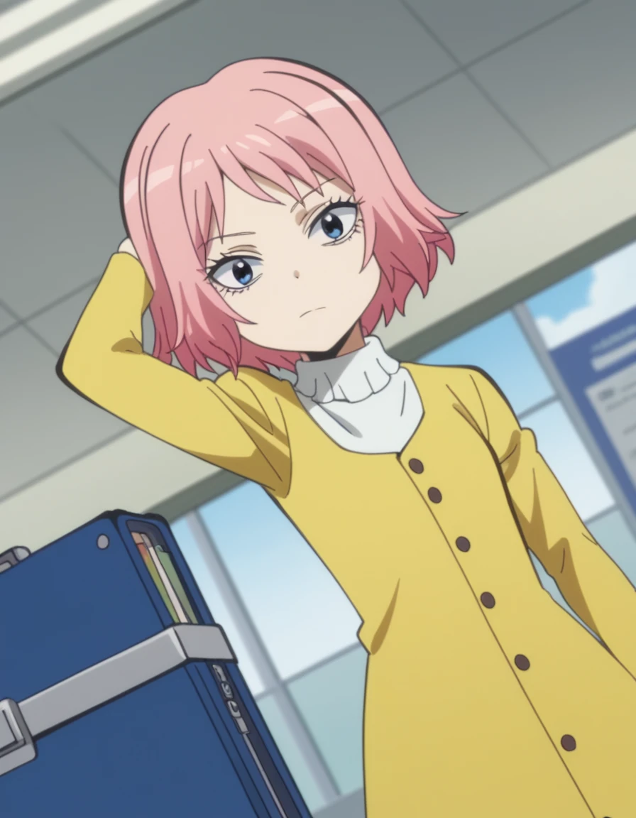 score_9, score_8_up, score_7_up, source_anime, <lora:sakura-kiyashiki-s1s2-ponyxl-lora-nochekaiser:1>, sakura kiyashiki, short hair, pink hair, blue eyes, anime screencap,, dress, yellow dress, long sleeves,, airport, waiting area, suitcase, flight delayed, passengers, reading book, , hand behind head, , looking at viewer, solo,, dutch angle, cowboy shot