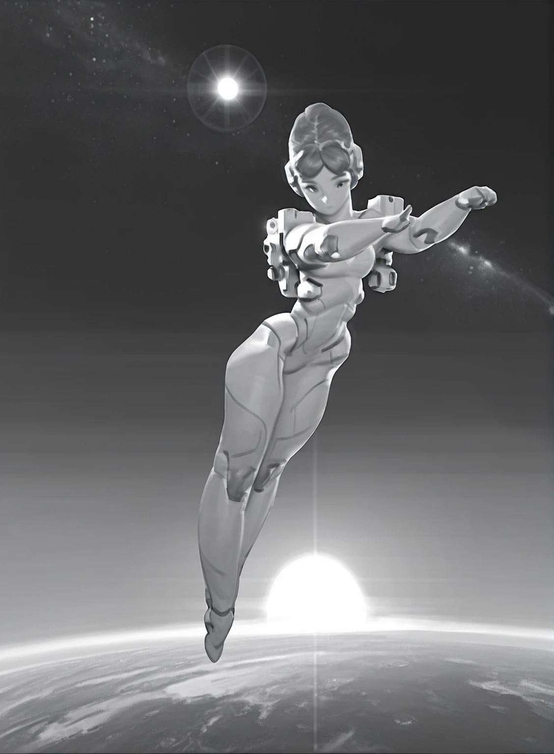 1girl, dynamic pose, sexy pose, science fiction, space, spaceship, sun, earth, floating, alert, danger, beautifull lights,   <lora:Nurzhan_Bekkaliyev_Grey_Style:1> nurzhan bekkaliyev, sketch, monochrome, greyscale, masterpiece, best quality, amazing quality, very detailed