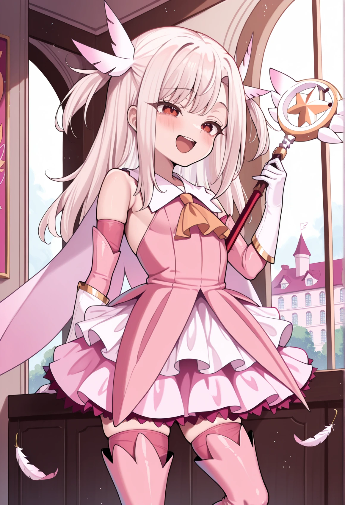 1girl, solo, white hair, red eyes, long hair, twin tails, hair ornament, feathers, pink dress, elbow gloves, magical girl, pink thigh Boots, smile, holding wand, indoors, mansion, open mouth <lora:Illya_Illus:1>, masterpiece, best quality, amazing quality, very aesthetic, absurdres, highres, newest