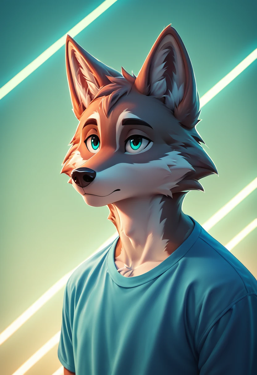 Masterpiece, score_9, score_8_up, beautifully detailed, male, anthro, furry, confident stance, smooth gradient fur, expressive eyes, tshirt, lines_light_background, (big white lines background:1.2), gradient blue to green background,  <lora:line_background:1>,  shy