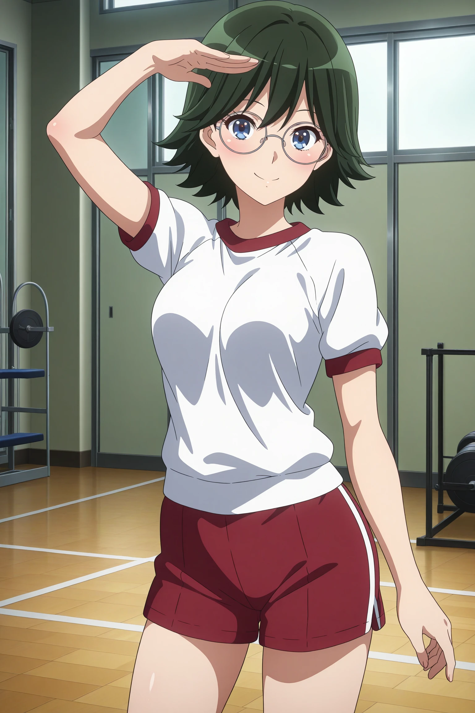 masterpiece, best quality, amazing quality, highres, absurdres, very aesthetic, high resolution, ultra detailed, perfect details, 1girl, solo, indoors, gym, medium breasts, kamaya tsubame, short hair, green hair, wispy bangs, blue eyes, round eyewear, gym uniform, white shirt, red shorts, white kneehighs, <lora:Tsubame_Kamaya_ILXL:0.8>, (aged up:1.2), (cowboy shot:1.1), looking at viewer, smile, anime coloring, anime screencap, (pose:1.4)