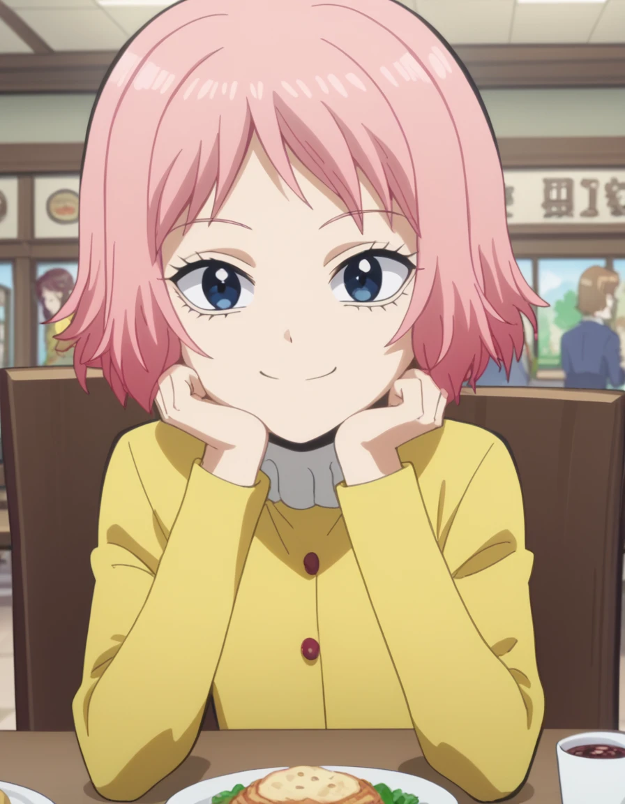 score_9, score_8_up, score_7_up, source_anime, <lora:sakura-kiyashiki-s1s2-ponyxl-lora-nochekaiser:1>, sakura kiyashiki, short hair, pink hair, blue eyes, anime screencap,, dress, yellow dress, long sleeves,, museum, exhibits, art, history, visitors, smile, <lora:pov-across-table-ponyxl-lora-nochekaiser:1> pov across table, pov dating, restaurant, table, meal, care, cup, head rest, smile, elbow on table, food, elbow rest,, looking at viewer, solo,, dutch angle, cowboy shot