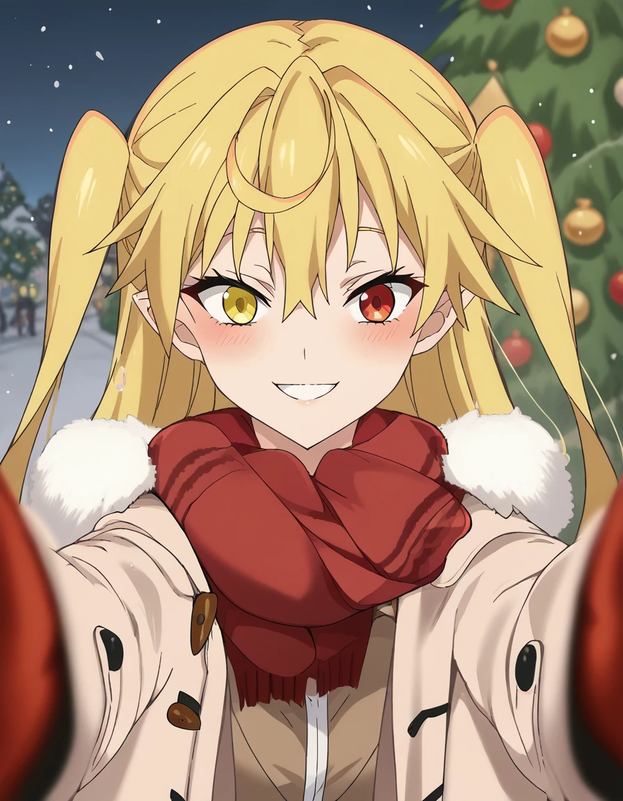 score_9, score_8_up, score_7_up, source_anime, <lora:hizuki-reynard-yamada-s1-ponyxl-lora-nochekaiser:1>, hizuki reynard-yamada, long hair, blonde hair, red eyes, yellow eyes, two side up, heterochromia, large breasts, anime screencap,, <lora:pov-cheek-warming-ponyxl-lora-nochekaiser:1>, pov cheek warming, pov cheek warming (meme), winter gloves, duffel coat, fur-trimmed scarf, winter clothes, red mittens, meme, winter coat, red scarf, fur-trimmed coat, reaching towards viewer, reaching, mittens, fur-trimmed hood, white coat, open coat, scarf, coat, red gloves, snowing, pov, fur trim, depth of field, smile, blush,, christmas, christmas tree, christmas lights,, , dutch angle, cowboy shot