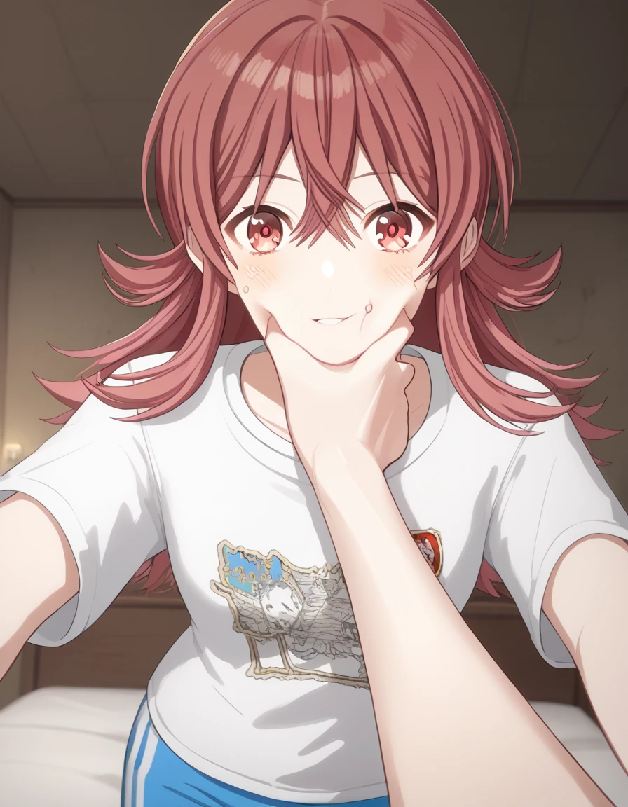 score_9, score_8_up, score_7_up, source_anime, <lora:kaho-komiya-s2-ponyxl-lora-nochekaiser:1>, kaho komiya, long hair, bangs, red eyes, hair between eyes, red hair,, shirt, white shirt, short sleeves, pants, t-shirt, blue pants, track pants, sweatpants,, wasteland, barren, dry, post apocalyptic, desolate, smile, <lora:pov-cheek-grabbing-ponyxl-lora-nochekaiser:1> pov cheek grabbing, pov cheek grabbing (meme), meme, squeezing cheeks, pov hands, cheek squash, face grab, pov, blush, parted lips, bed room,, cowboy shot, looking at viewer,, looking at viewer, solo,, dutch angle, cowboy shot