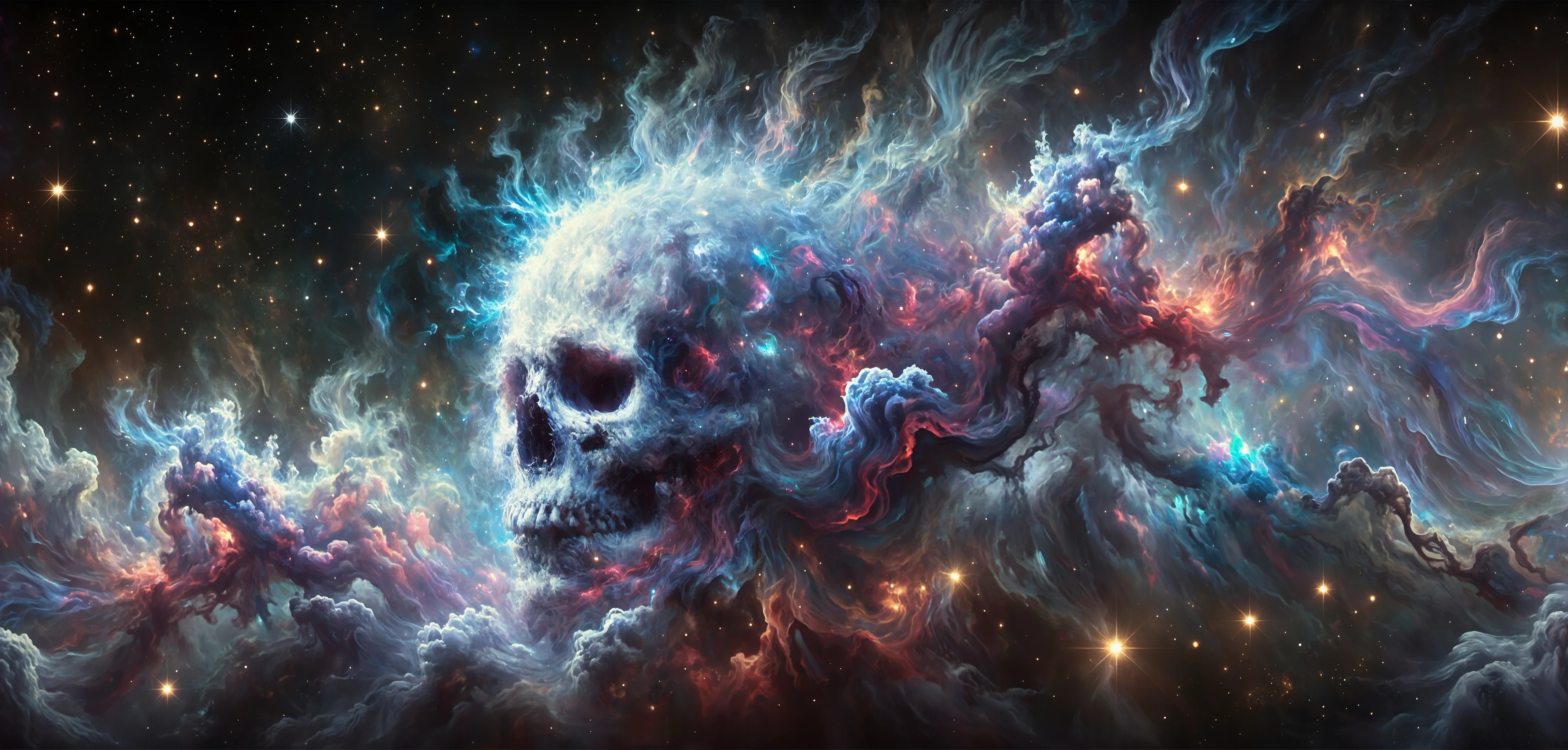 a photo of a skull in space. The skull is at the center of the photo, its mouth open and its teeth apart. It is surrounded by a vast expanse of blue, purple and pink clouds and stars. The clouds swirl around the skull as it moves to the right, creating an impression of movement and energy. The background is black, bringing out the colors of the skull even more. The overall mood of the photo is surreal and dreamlike.a singing donkeyThe scene is captured in real footage.