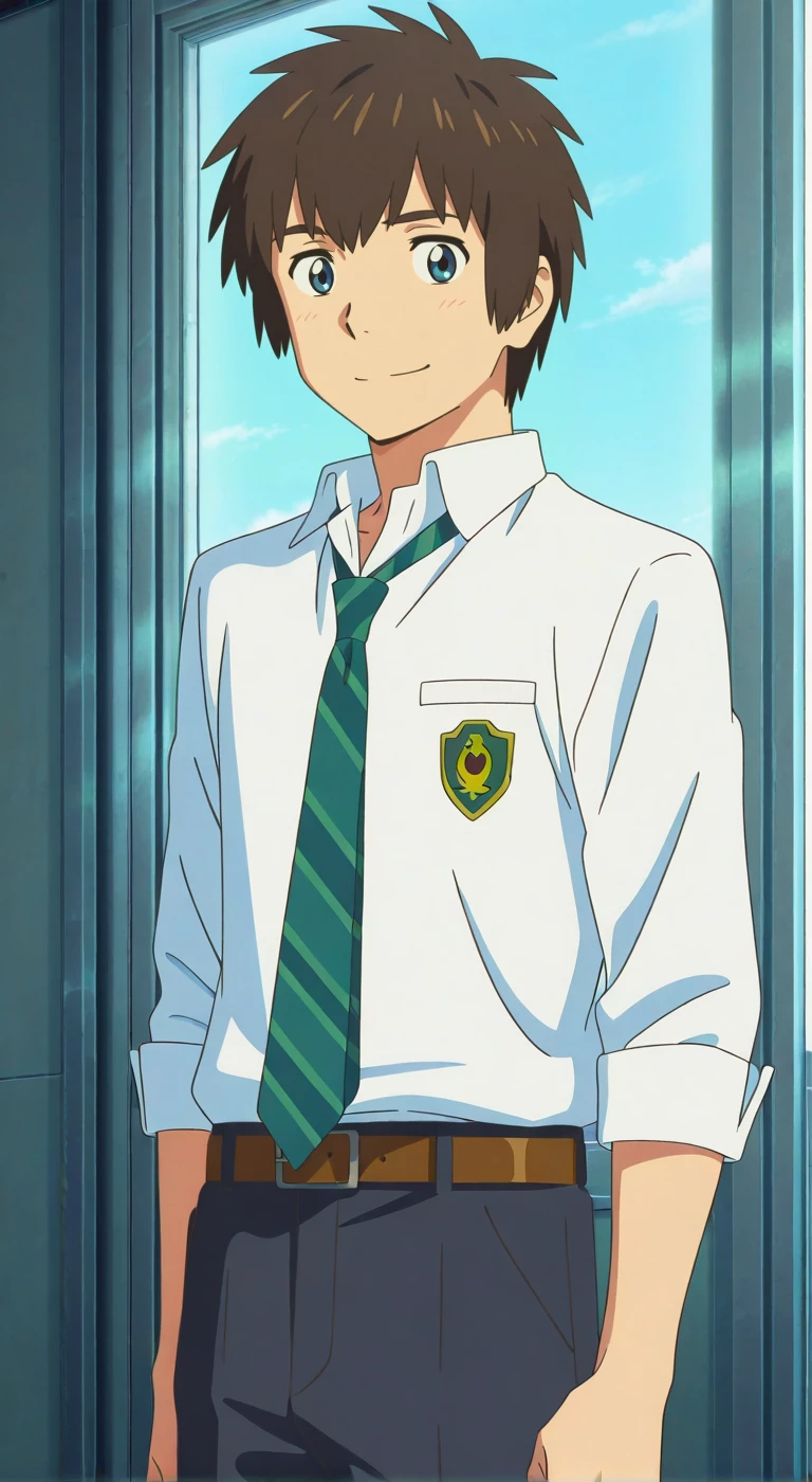 score_9, score_8_up, score_7_up, source_anime, highres, (masterpiece, best quality, (anime, anime coloring:1.3),1boy,solo,male focus,Anime screencap,tachibana taki,brown hair,blue eyes,smile,shirt,collared shirt,necktie,pants,belt