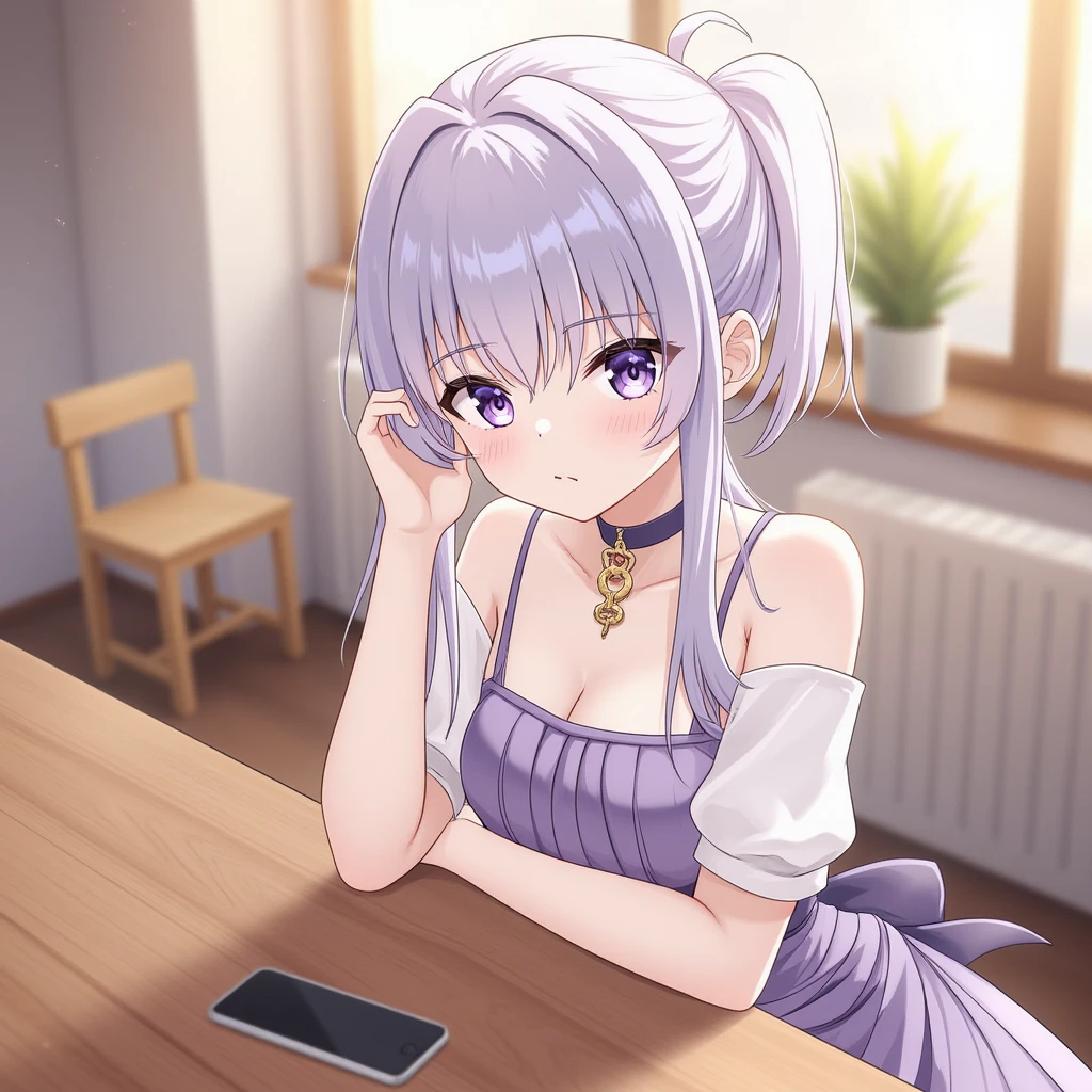 an anime girl,best quality,8K wallpaper,sitting on table,phone